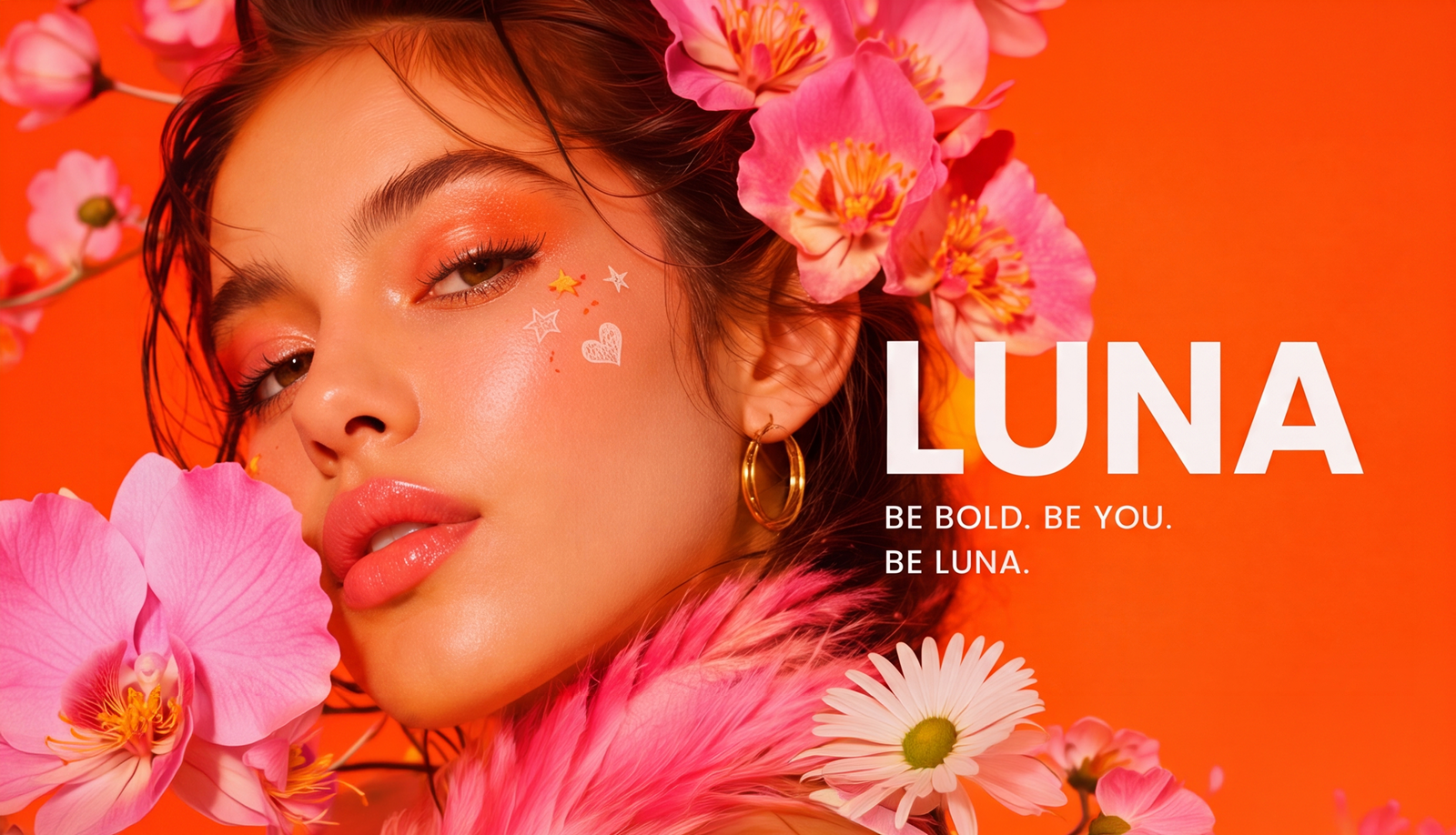 Bold Woman Beauty Brand Identity - LUNA brand identity brand strategy color palette cosmetic branding creative direction graphic design hero section logo design makeup packaging marketing design packaging design packaging mockup pro product branding techwitpro typography visual identity