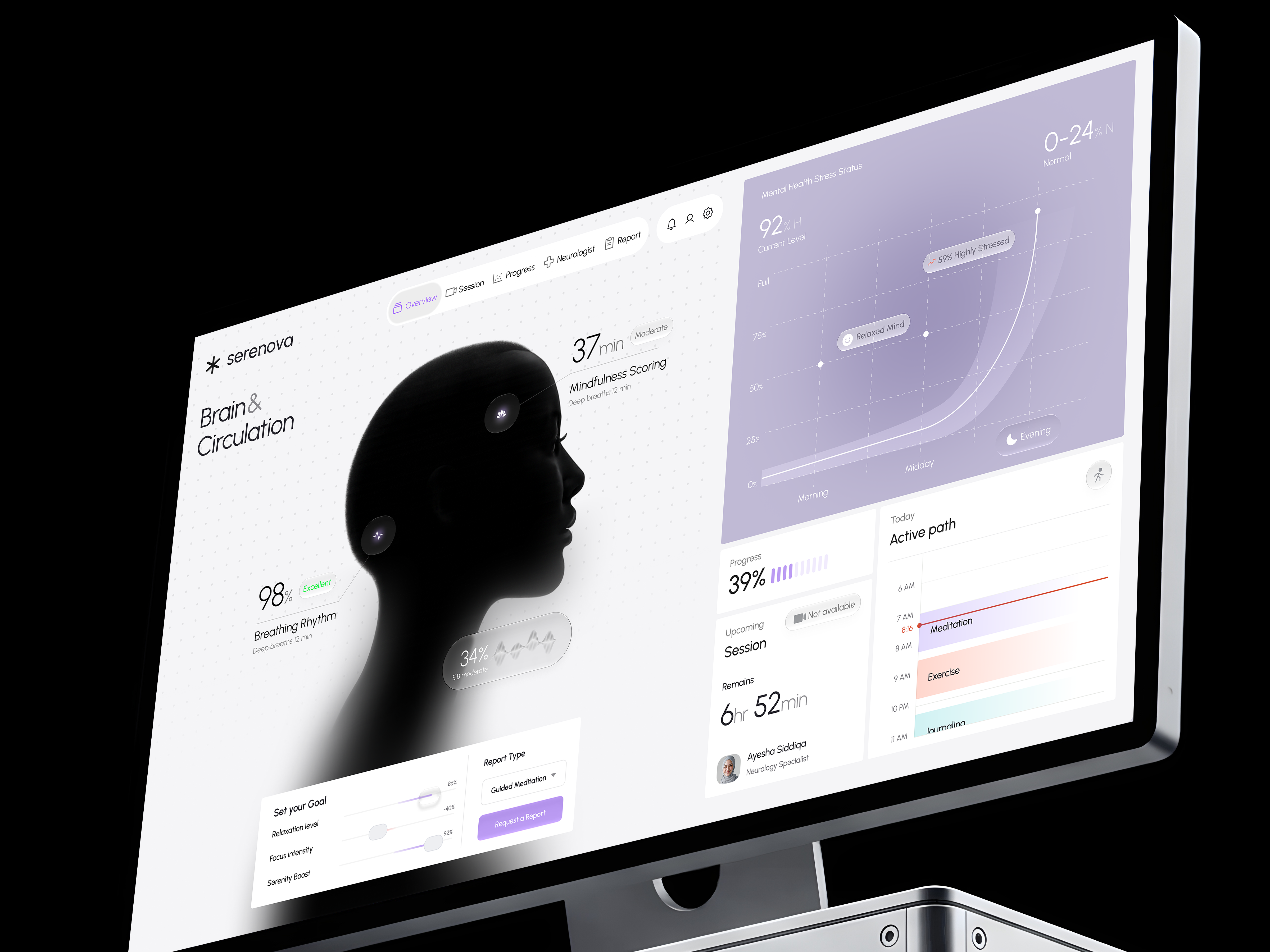 Serenova — Mental Wellness & Stress Monitoring Dashboard biometric tracking dashboard calm app ui design dashboard ui design data visualization design digital health product design health tech ui design healthcare dashboard design medical ui ux design meditation app ui mental health dashboard ui mindfulness app design neurology app design patient monitoring dashboard product design portfolio 2026 saas dashboard ui design self care app design stress tracker app design therapy app dashboard ux case study healthcare wellness app design
