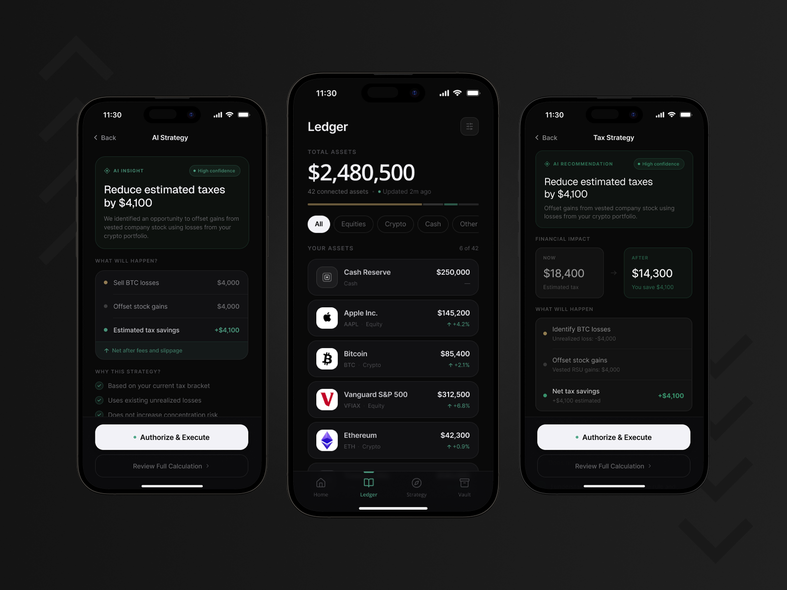 Vaulted • AI Wealth Management App ai assistant aiapp darkmode dashboard designsystem financialapp fintech glassmorphism iosdesign mobileapp modern fintech productdesign uidesign uxdesign wealthmanagement