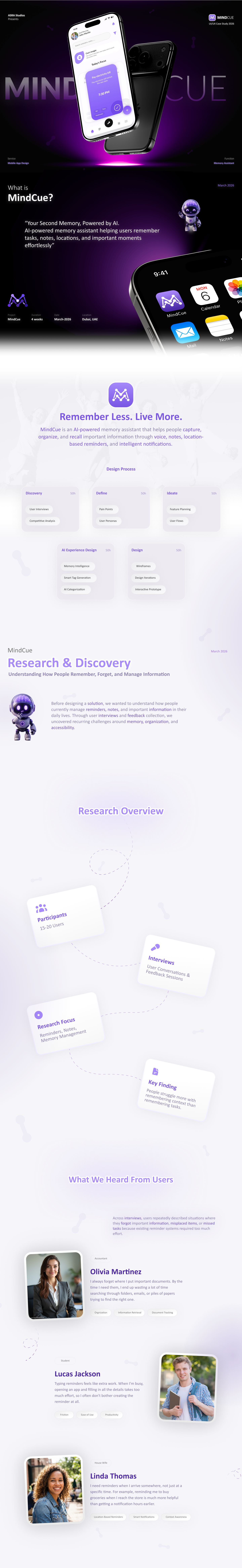 MindCue AI-Powered Memory Assistant App | UX Case Study ai assistant case study mobile app product design productivity app ui ui design user experience user research ux