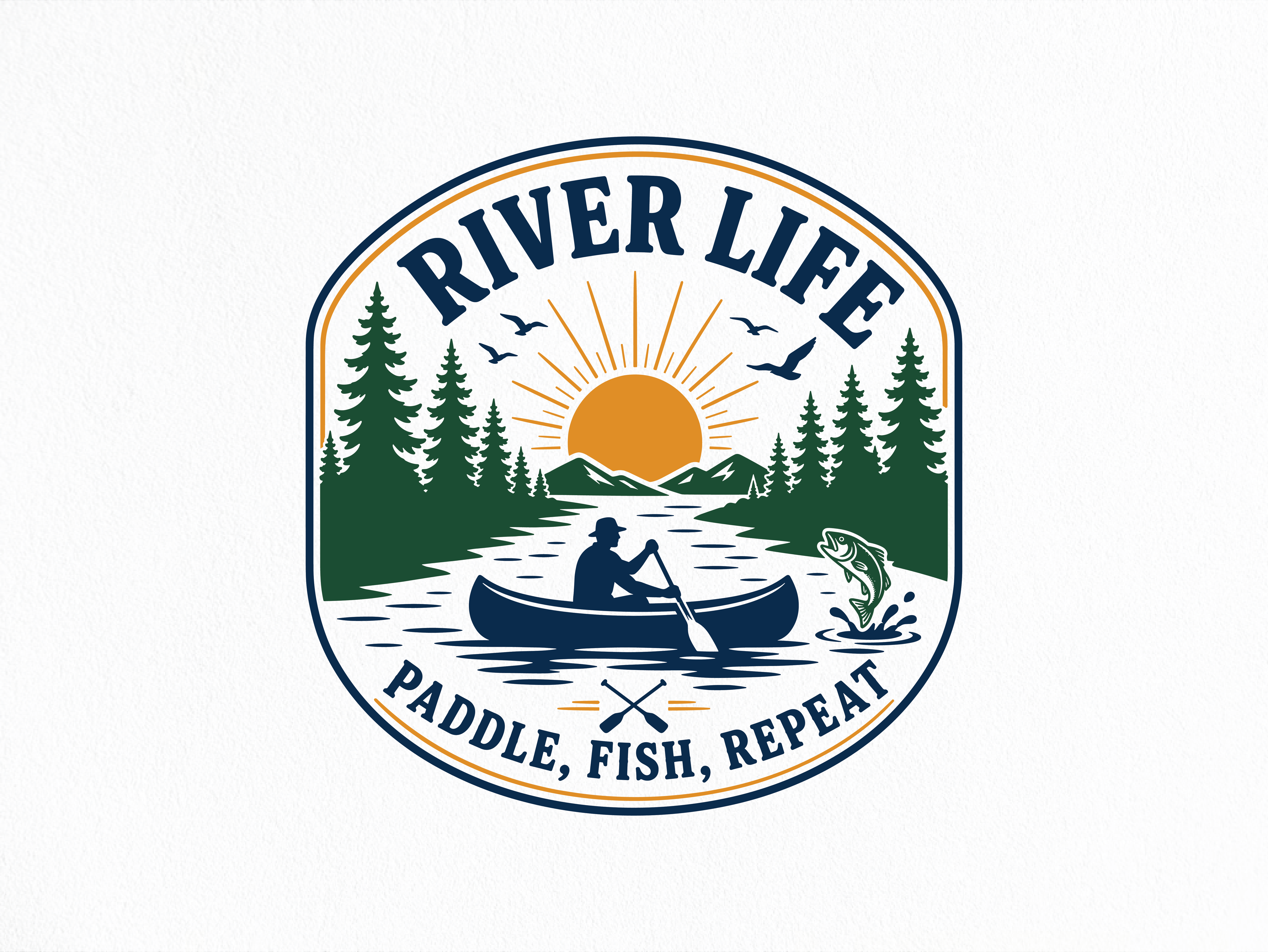 River Life, Canoe & Fishing Outdoor Badge Design adventure design apparel design badge design camping merch clothing brand fishing illustration graphic design logo design merch design merchandise nature illustration outdoor branding print on demand screen print streetwear tshirt design typography vector art vector illustration vintage badge
