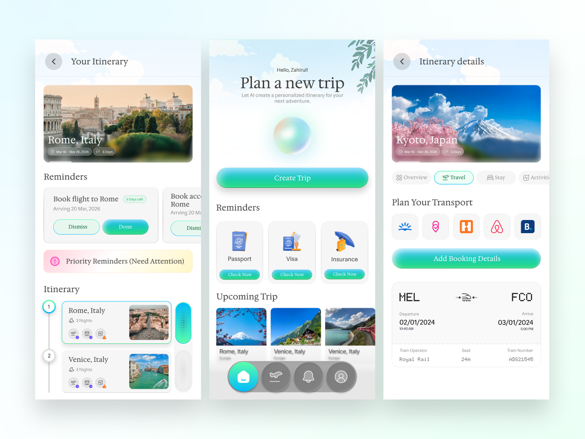 AI-Powered Travel Planner – Mobile app Design ai powered app ai travel assistant ai trip planner app ui minimal app design minimal design mobile app travel app trip planner uxui design