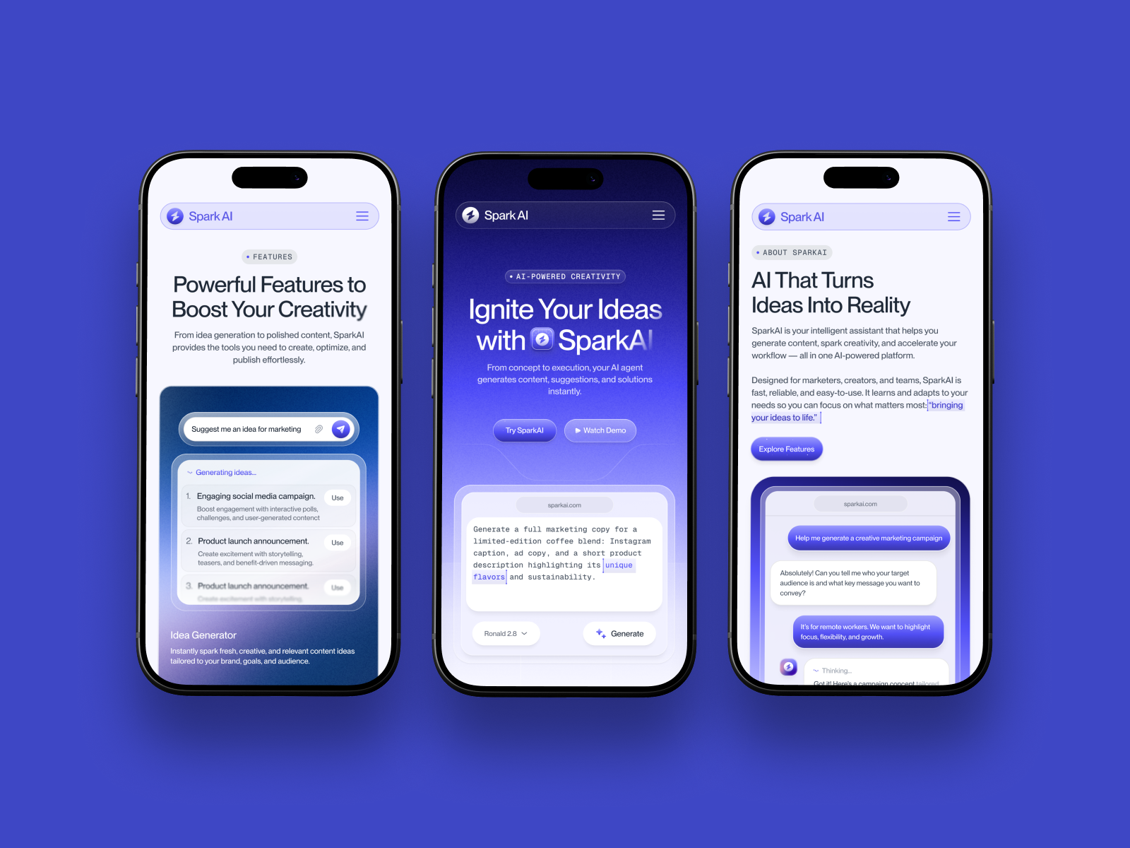 Mobile Responsive for SparkAI — The NextGen AI Content Assistant ai ai agent app branding design landing page mobile platform saas ui ui design uiux ux design web design website