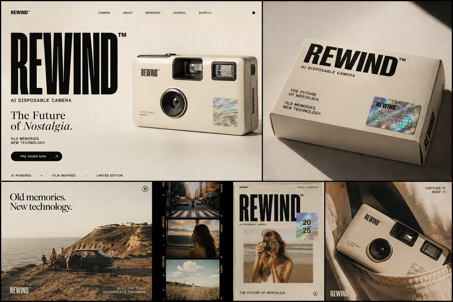 REWIND™ — The Future of Nostalgia. 3d ai camera branding capcut challenge concept design creative ui dribbble editorial design figma film graphic design logo motion graphics packaging premium ui product landing page ui vintage web design