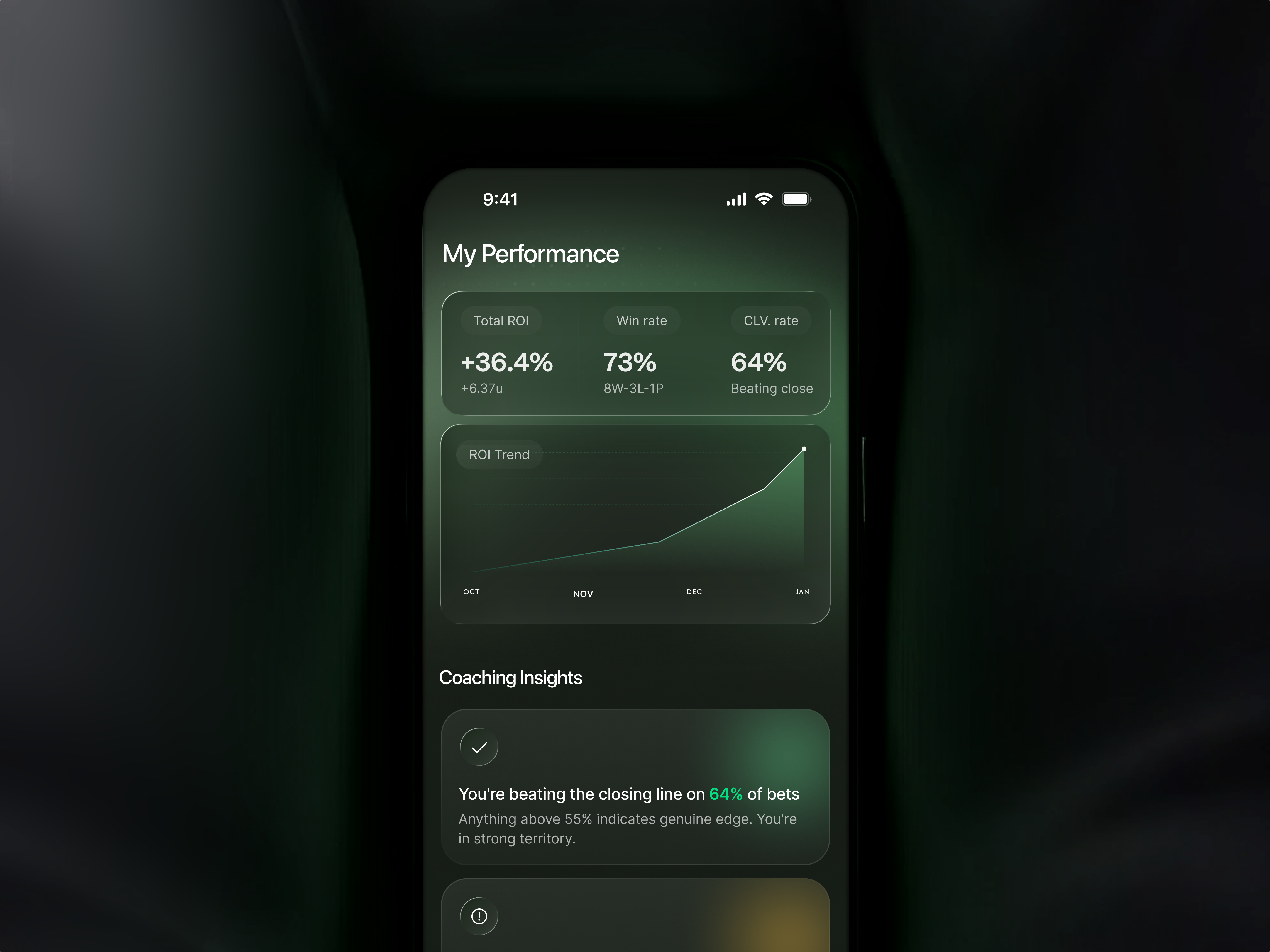 Sports Prediction App — AI Coach & Performance aiapp aiassistant analyticsapp appdesign bettinganalytics bettingapp bettingui darktheme darkui datavisualization fintech mobileapp mobiledesign mobileui predictionmarket productdesign sportsapp sportsbetting sportstech uiux