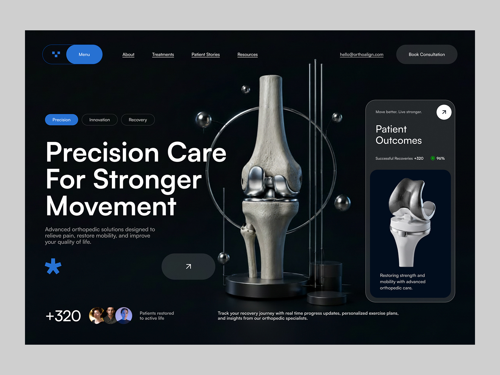 Orthopedic Website | Hero Section UI Design 3ddesign clinicwebsite darkmode designsystem figma healthcare healthcareui healthtech herosection homepageui landingpage medicaldesign medicalui orthopedic productdesign uiux uxdesign webdesign websitedesign webui