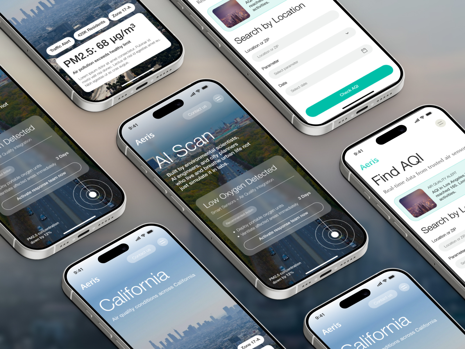 Air Quality Monitoring App | Mobile UI/UX Design aiapp airquality appdesign aqi climatetech dataviz design system environmentalapp futuristicdesign mobileapp mobileappdesign mobileui onboarding productdesign smartcity sustainability uiux uxdesign weatherapp