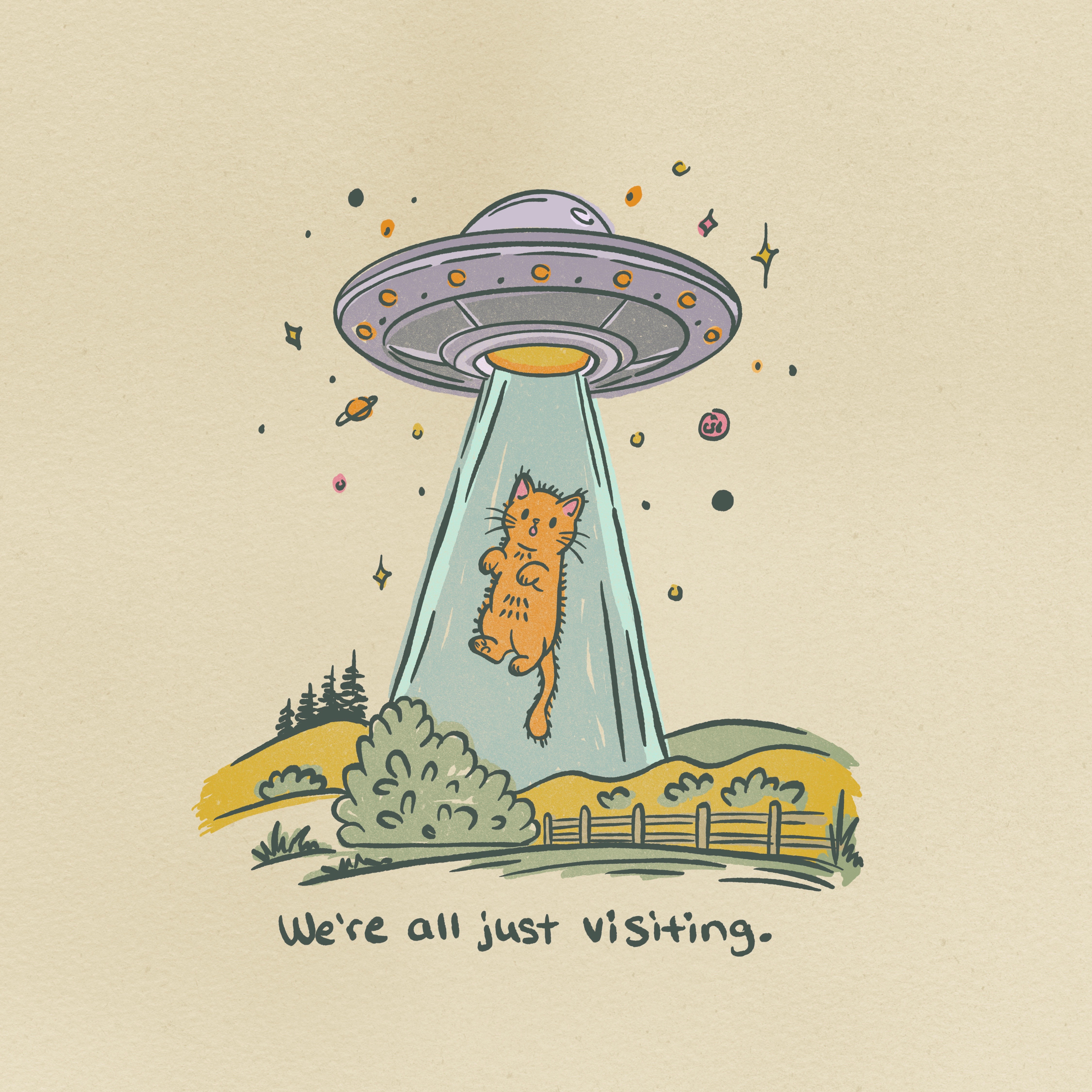 We're all just visiting. cat cute drawing funny hand drawn illustration illustration art illustrator kitten monochromatic muted quote texture ufo vistor
