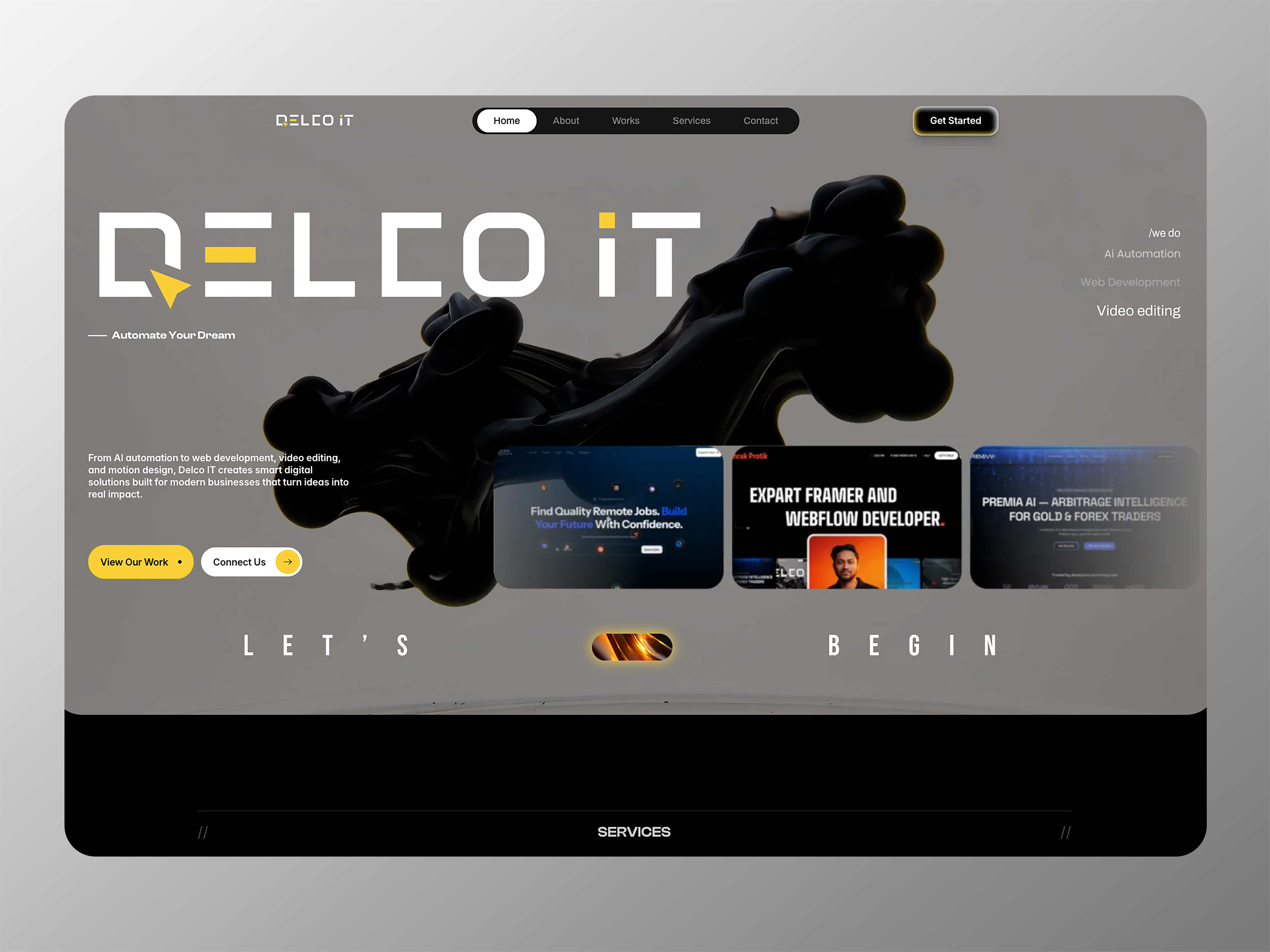 Framer Agency Website Design ✦ Delco IT agency landing page agency website branding cleanui darkmode delcoit framer interactive minimalism motion design portfolio design ui uiux web design webflow website design