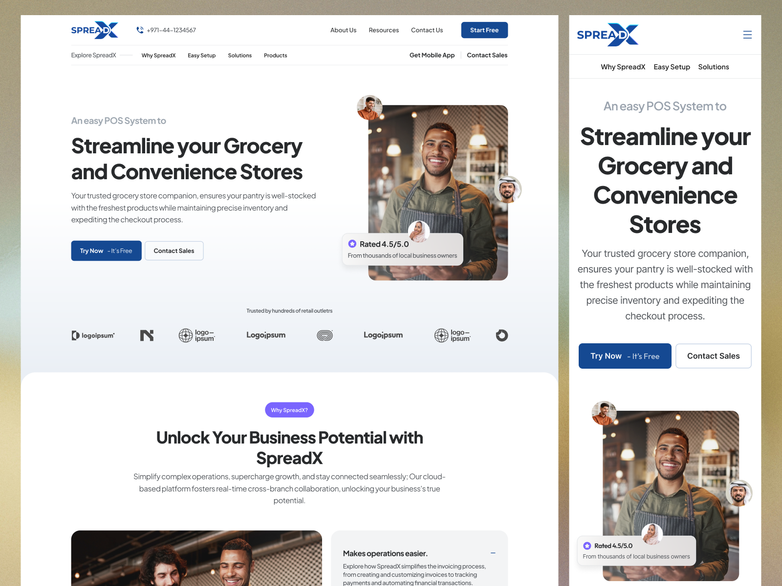 SpreadX POS Website — Grocery & Retail Landing Page convenience store grocery landing page point of sale pos system responsive design retail saas ui design ux design web design website design