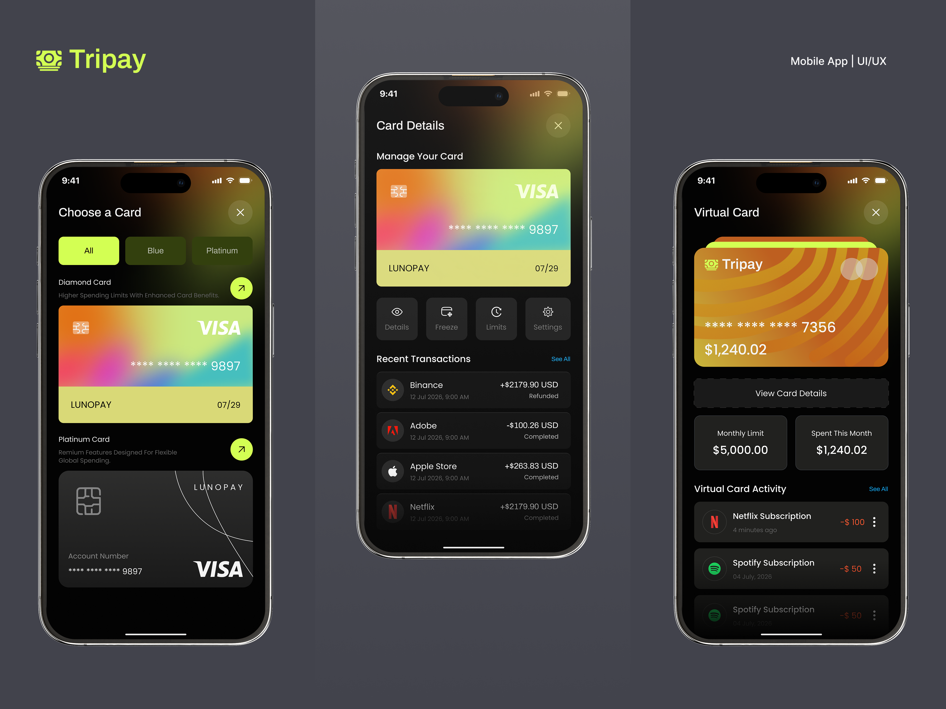 Tripay – Virtual Card & Wallet UI Design appdesign appui bankingapp cardui dailyui darkui digitalwallet figmadesign fintech interfacedesign mobileapp mobileui paymentapp productdesign uidesign uiux userinterface uxdesign visualdesign walletapp