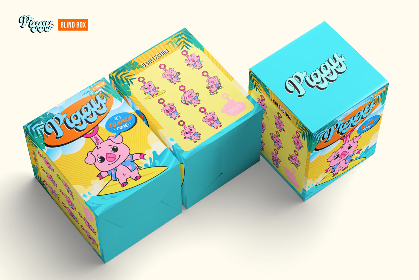 Piggy Blind Box Branding blind box brand identity branding branding design character character design collectible graphic design identity illustration logo logo design mascot packaging packaging design product packaging summer toy toy design visual identity