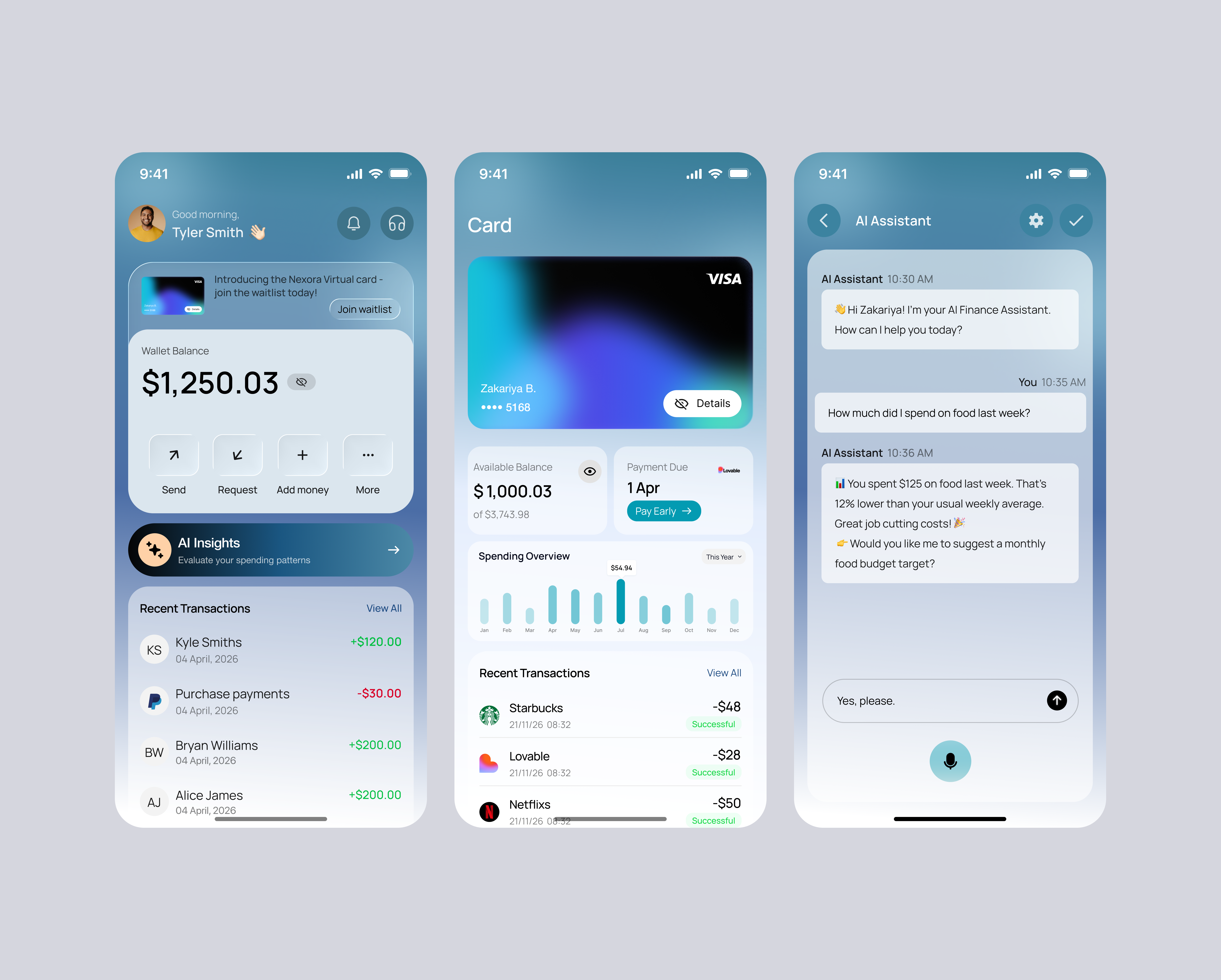 AI-Powered Finance Experience ai ai assistant app concept banking card design clean ui dashboard finance fintech fintech app glassmorphism ios app minimal ui mobile app mobile ui product design ui design ux design virtual card wallet