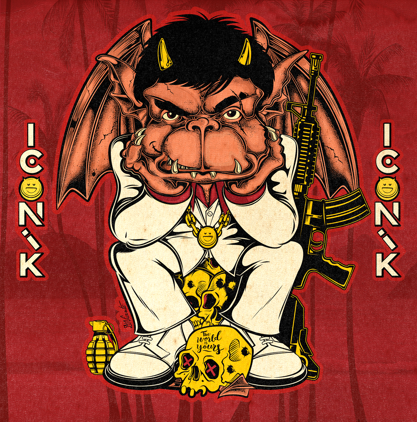 TEEN GARGOYLE #48 – TONY MONTANA cartoon character character design creature design crime movie tribute cult movie tribute digital illustration gangster art graphic illustration illustration lowbrow art mascot design monster design pop culture art red background scarface stylized character teen gargoyle tony montana underground art vintage texture