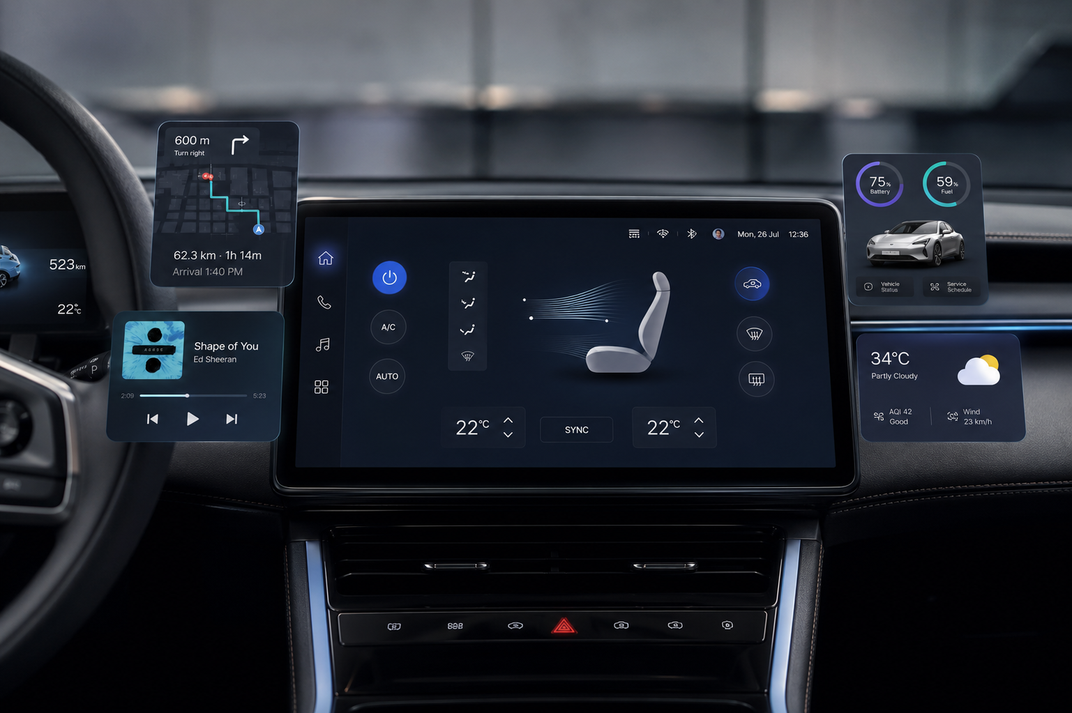 Smart Automotive Infotainment System UI | Next-Gen Car Dashboard ai automotive car dashboard car interface dashboard designs designoweb technologies digital cockpit ev cars futuristic ui hmi design iot smart car ui ux vehicle technology