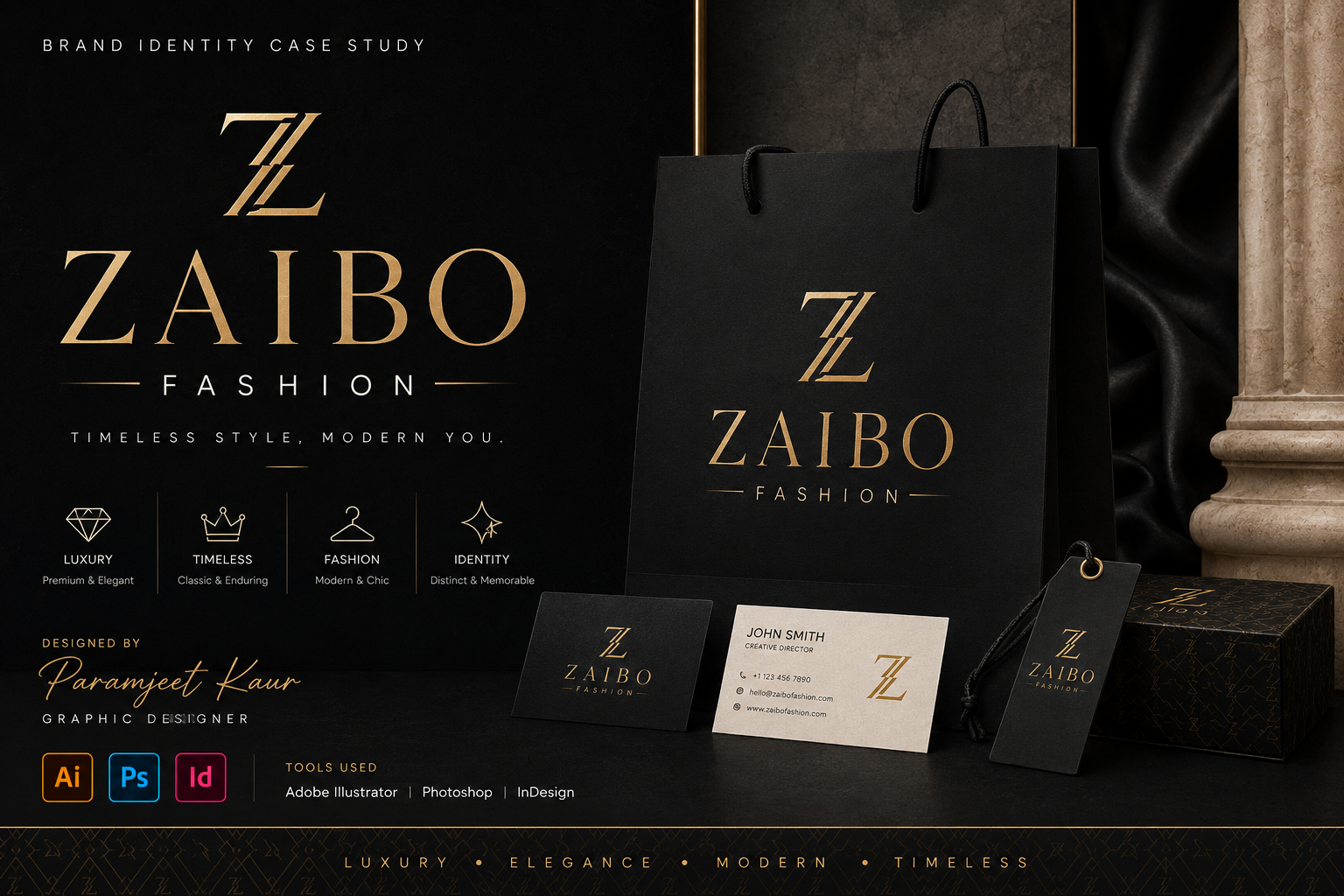 ZAIBO Fashion — Luxury Brand Identity Case Study branding fashion figma graphic design illustrator logo motion graphics photoshop poster ui vector
