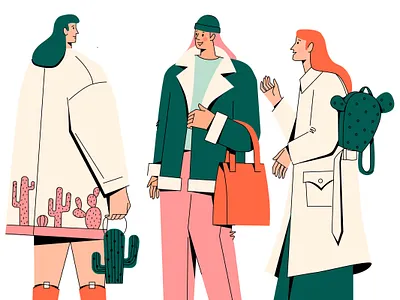 Fashionable women in badass outfits. cactus character design fashionable illustration pink vector woman