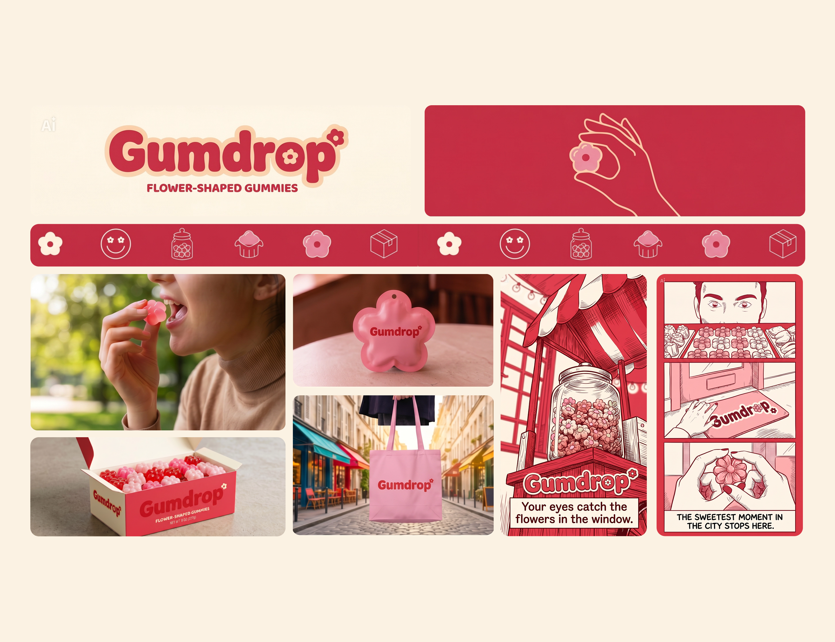 🌸 Gumdrop, a little bloom of sweetness 🍬 brand branding branding design capcut challenge color design identity logo minimal mobile design pink red ui user interface ux whimsical