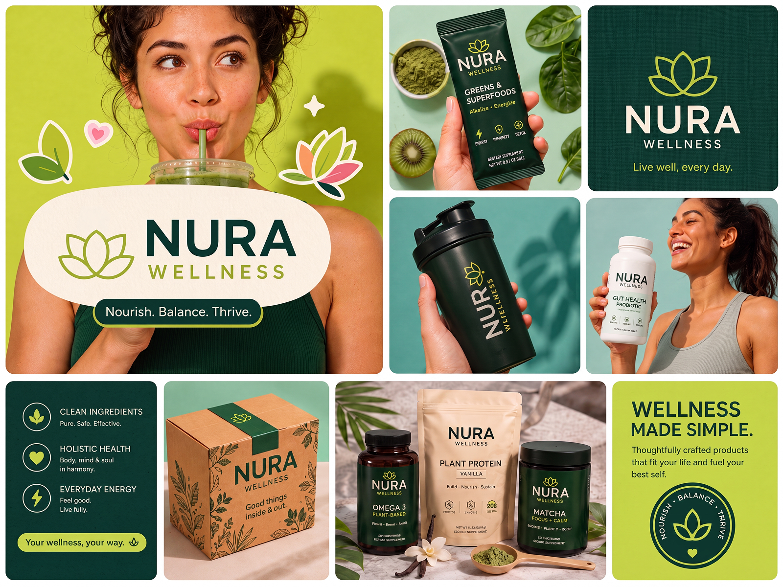 NURA Wellness - Modern Health Brand Identity brand identity brand strategy creative direction graphic design health supplements hero section ui lifestyle branding logo design marketing design natural products nutrition branding packaging design packaging system product branding techwitpro visual identity web ui wellness branding