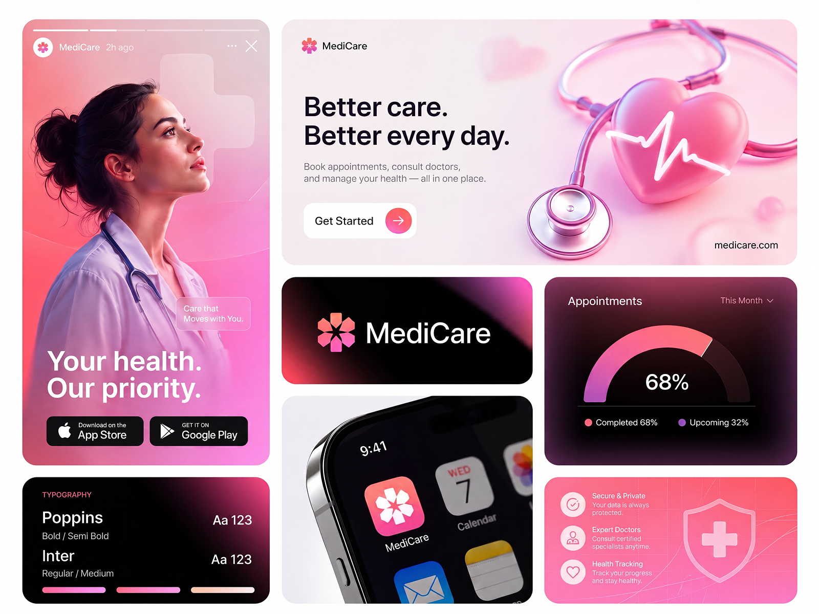 MediCare-Better Care, Better Every Day brand identity digital health doctor appointment health dashboard health management health tech healthcare healthcare branding hero section medical app mobile app ui patient experience product design techwitpro ui design ux design visual identity web branding