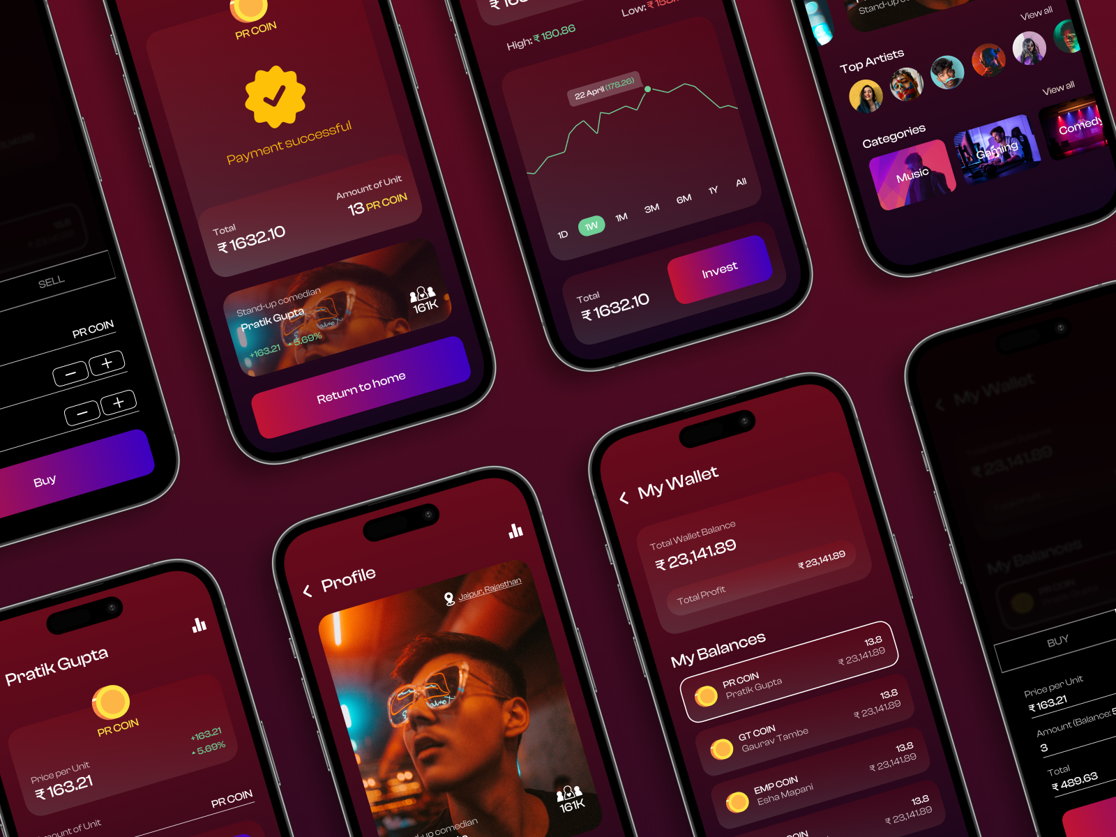 Artist/Influencer Investment App adobe adobexd app app design artist creative dark mode design figma finance influencer interface investment iphone 14 nft product design stocks ui user interface ux