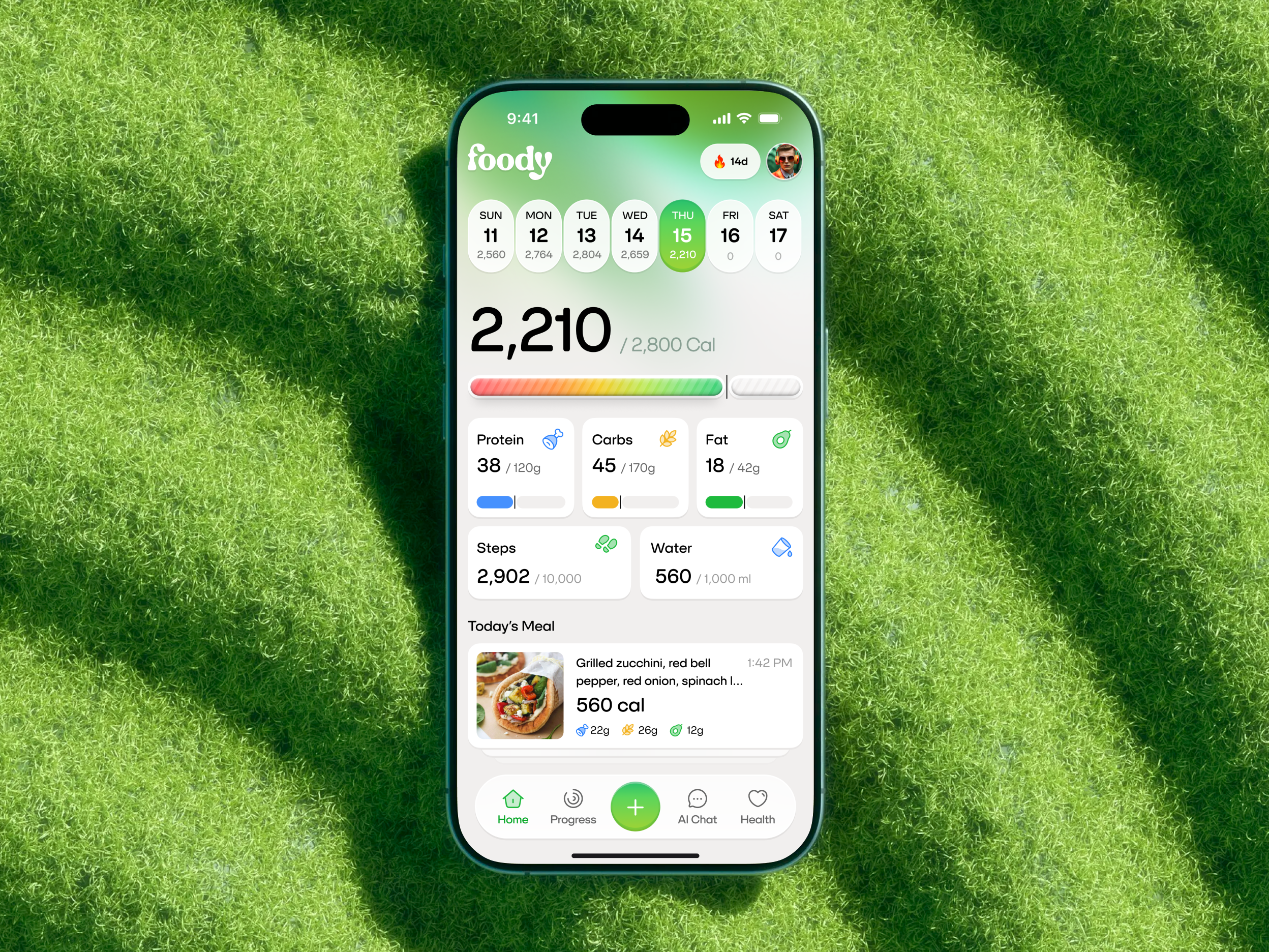 Foody – AI Calorie & Nutrition Tracker. Mobile App Design ai ai calories artificial intelligence cal tracker calendar calorie tracking calories concept food healthy food icons mobile app nutrition app progress progress bar steps ui water