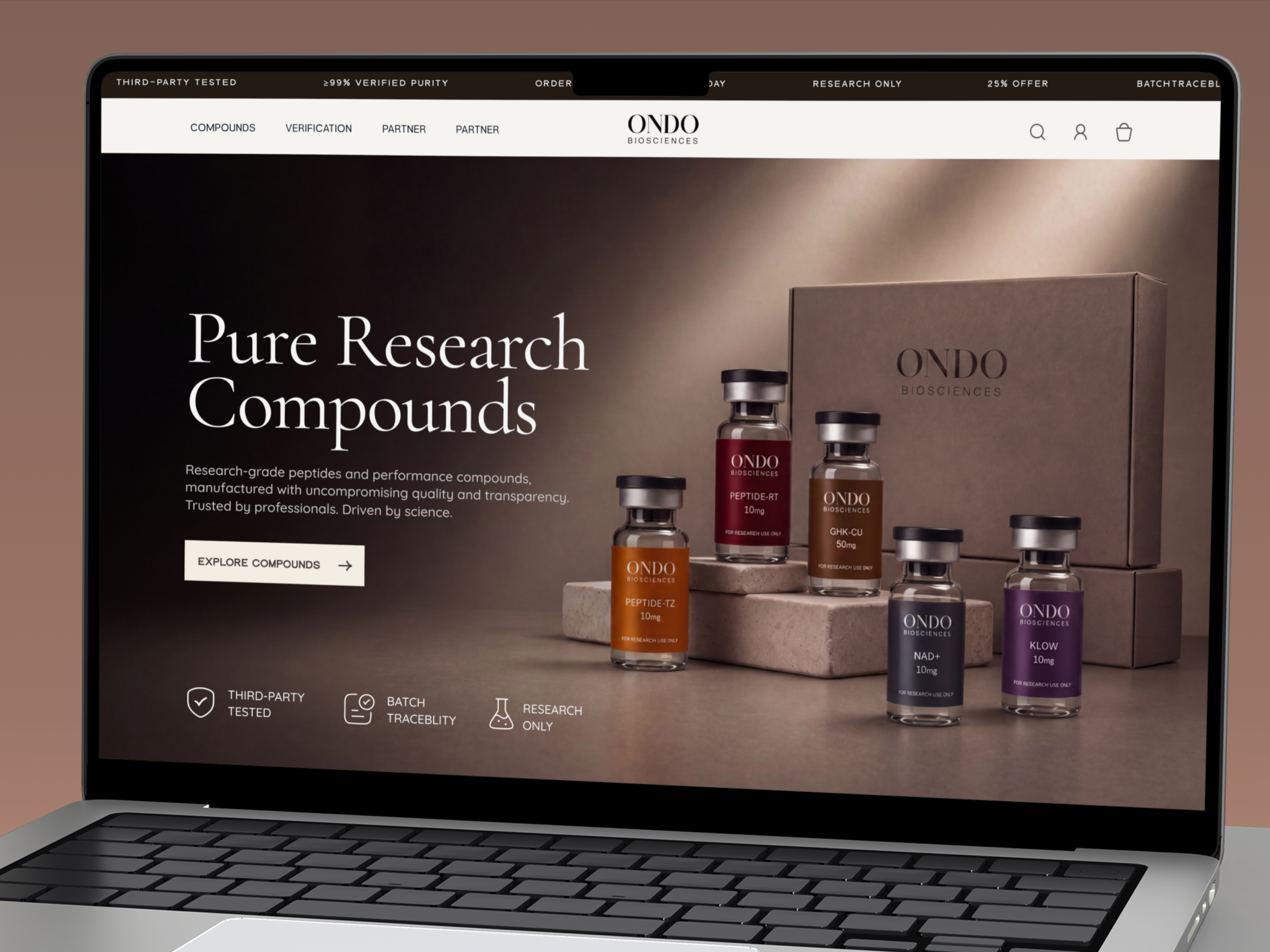 ONDO Biosciences — Peptide E-commerce Website Design biotech conversiondesign design dribbbledesign figmadesign illustration landingpagedesign peptide peptidedesign peptides peptidewebsite productdesign researchpeptides ui uiuxdesign webdesign wellness