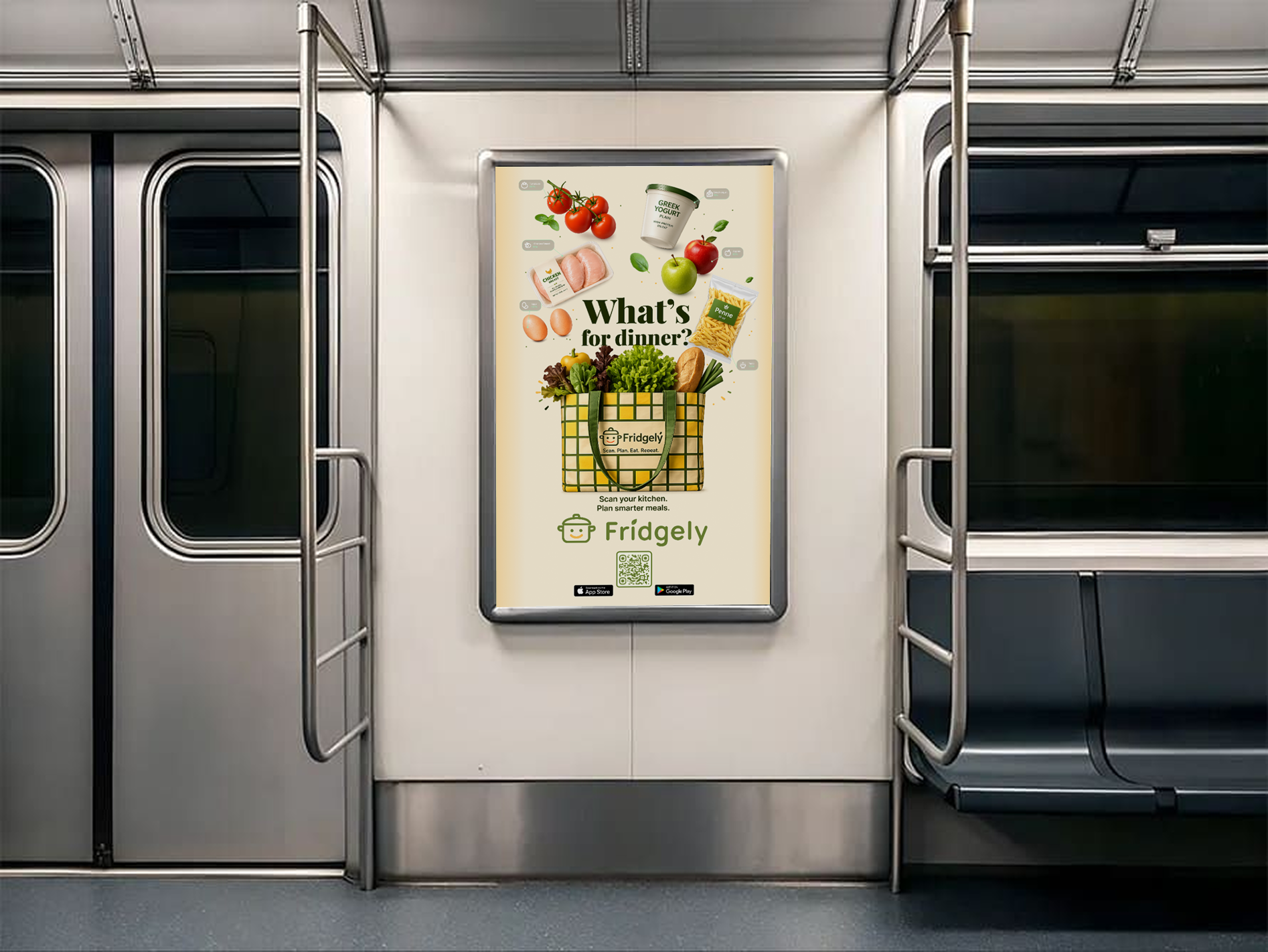 Fridgely — Outdoor Advertising Campaign & Brand Activation advertising ai artificial intelligence billboard design brand identity branding campaign design creative direction design system food app graphic design grocery app marketing meal planning mobile app poster design product design ui design ux design visual identity