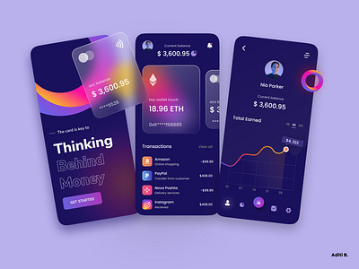 Banking service mobile app. app banking design finance glassmorphism mobile ui