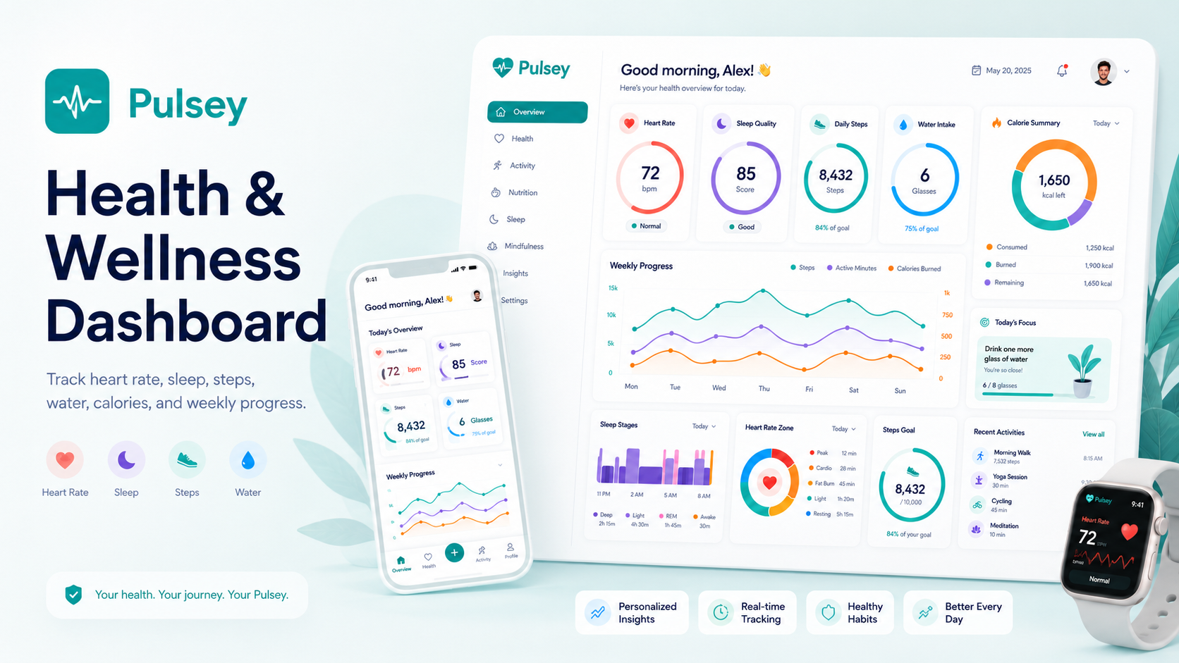 Pulsey — Health & Wellness Dashboard activity tracker analytics dashboard calorie tracker dashboard ui data visualization fitness dashboard health app health dashboard health tech health tracker heart rate tracker hydration tracker mobile app design sleep tracker smartwatch app ui ui design wearable app wellness app wellness dashboard
