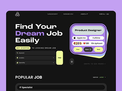 Find Dream Job Landing 💬 branding cv design dream job find job graphic design job landing popular job purple recruit ui vacancy web