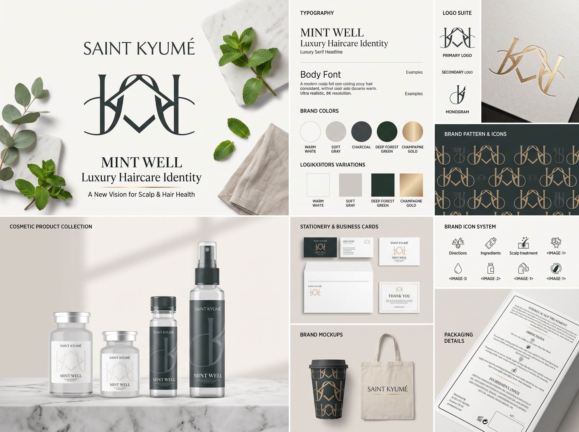 SAINT KYUMÉ — MINT WELL Luxury Haircare Packaging beauty bottle brand identity branding cosmetic cosmetics haircare label design luxury minimal packaging product design salon skincare