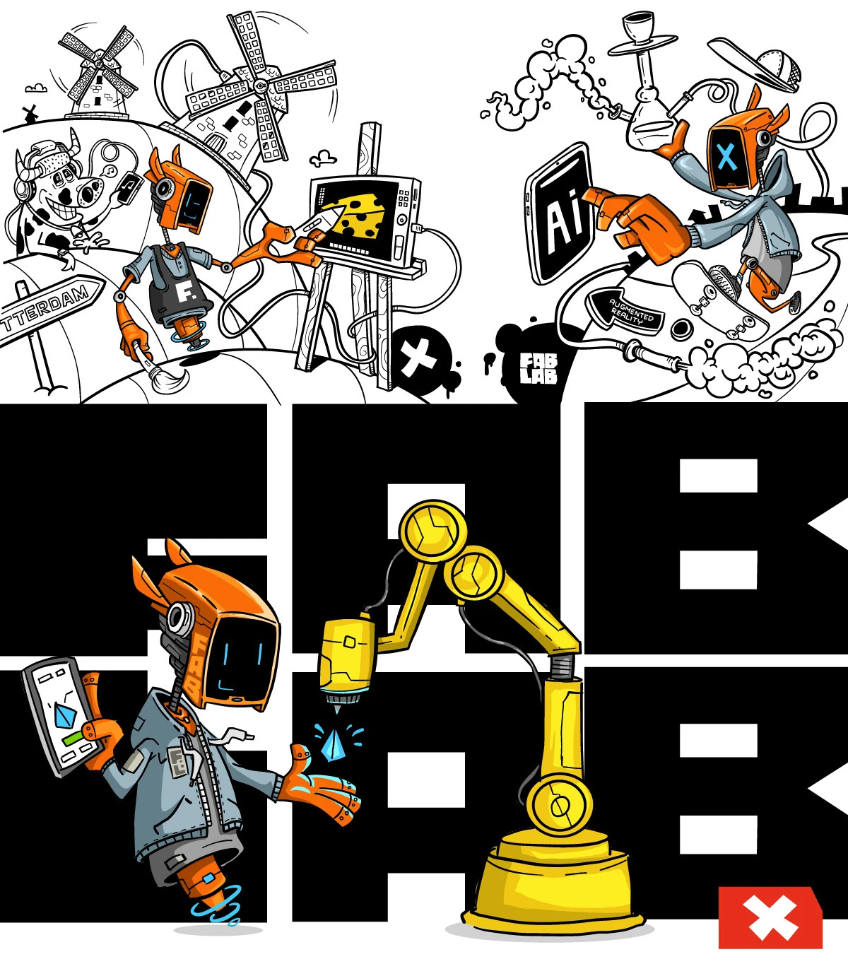 FabLab illustrations 3d print design drawing fablab funky illustration kirpluk logo robot skate vector