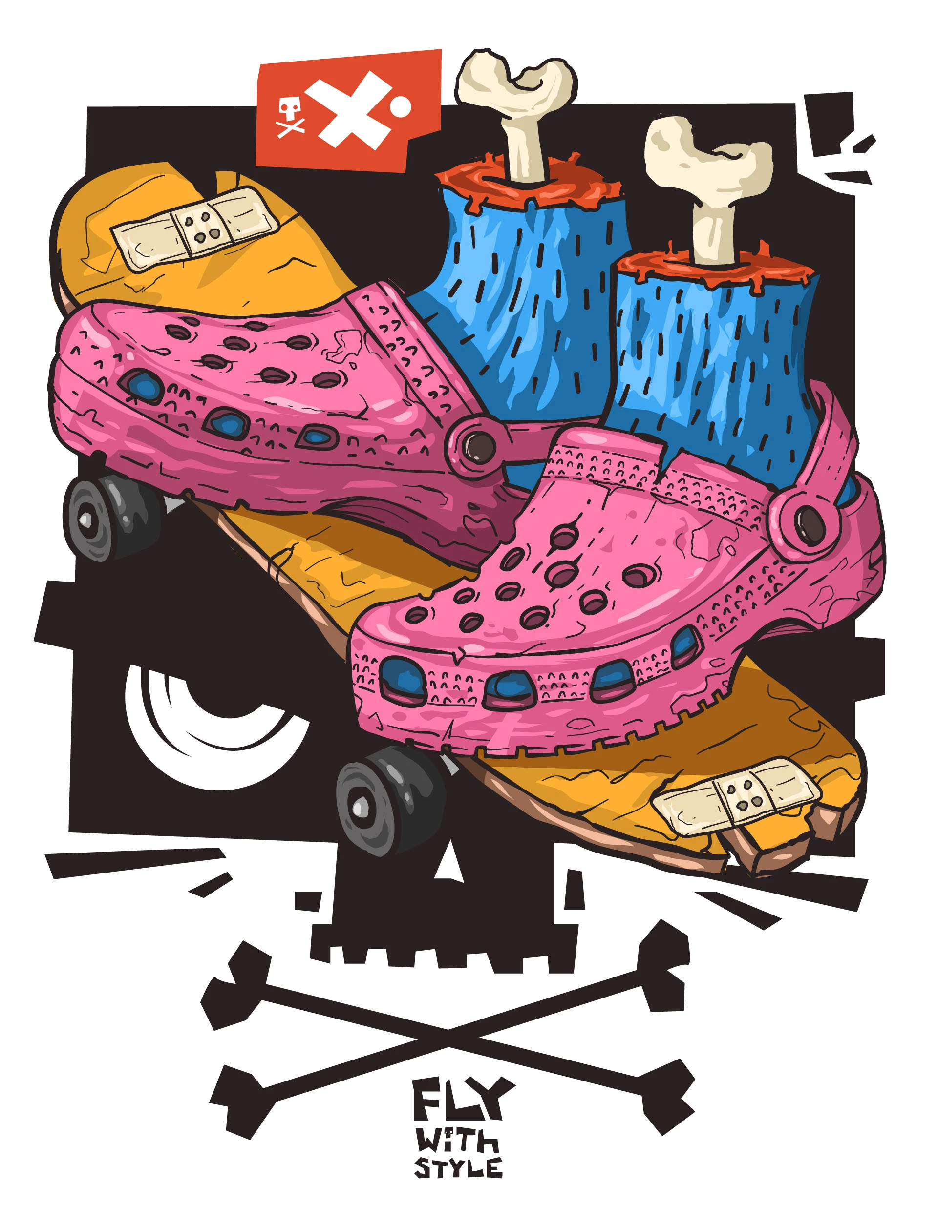 skate with style crocs design funky illustration kirpluk skate skull tshirt vector zombie