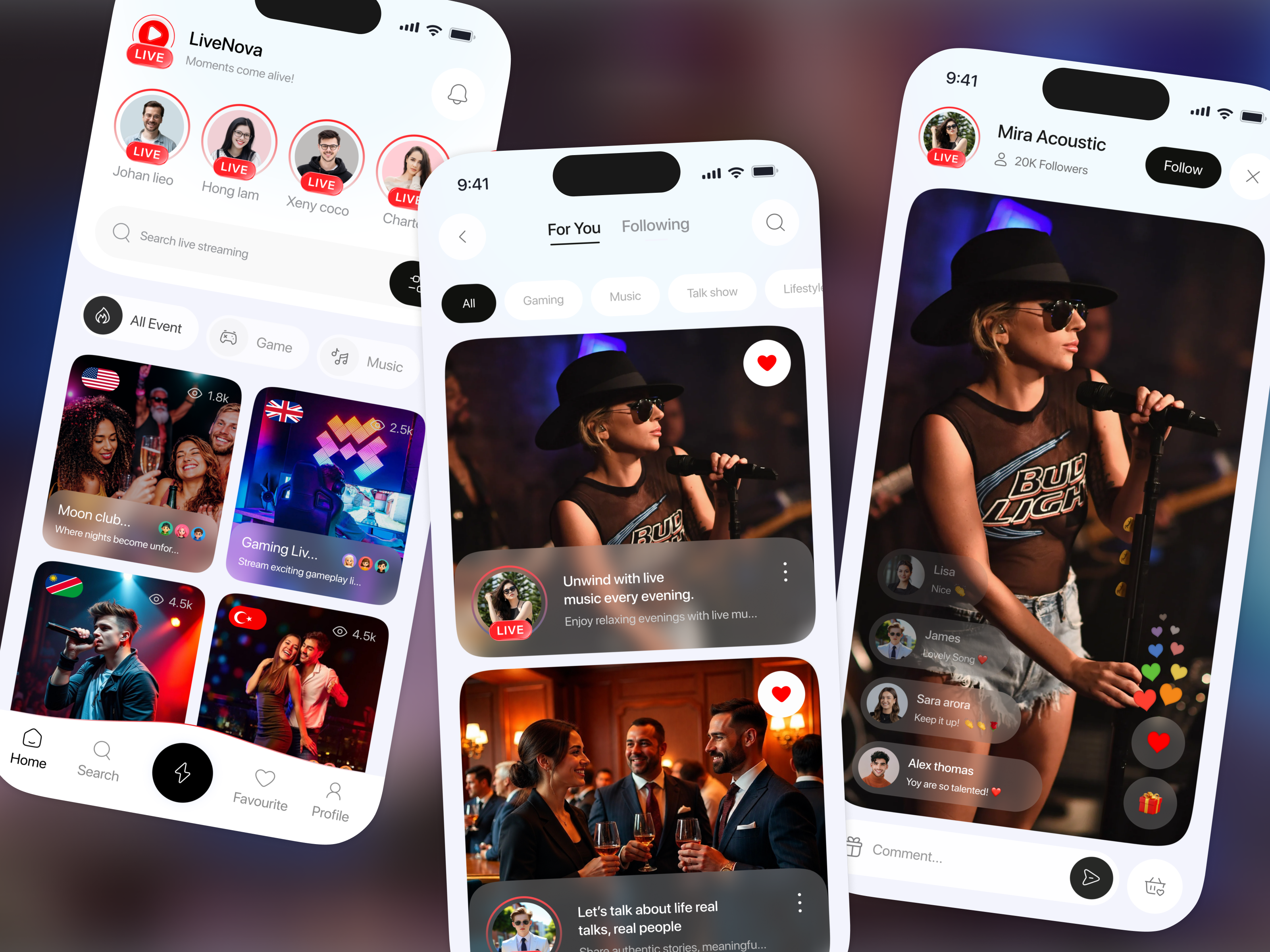 LiveNova — Live Streaming Mobile App | Social Live, Creator app inspiration clean ui creator economy creator platform dashboard entertainment app figma ios design live events live streaming app mobile experience mobile ui modern interface product design social media app social platform streaming platform ui kit ux design video streaming