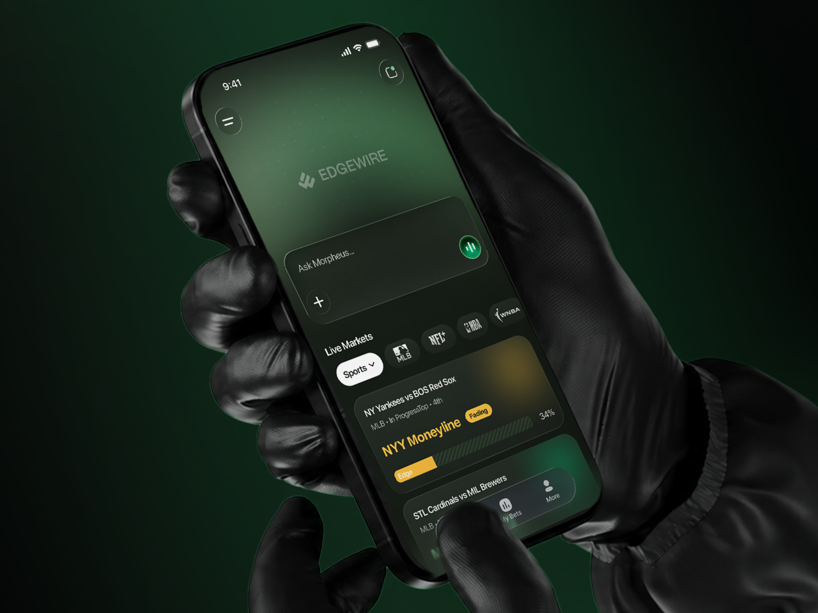 Sports Betting Analytics — Dark Mobile App 3d render ai assistant analytics dashboard app design betting app chat ui dark mode dark ui data visualization fintech green ui ios design mobile app mobile ui performance dashboard product design sports analytics sports betting sportstech ui ux design