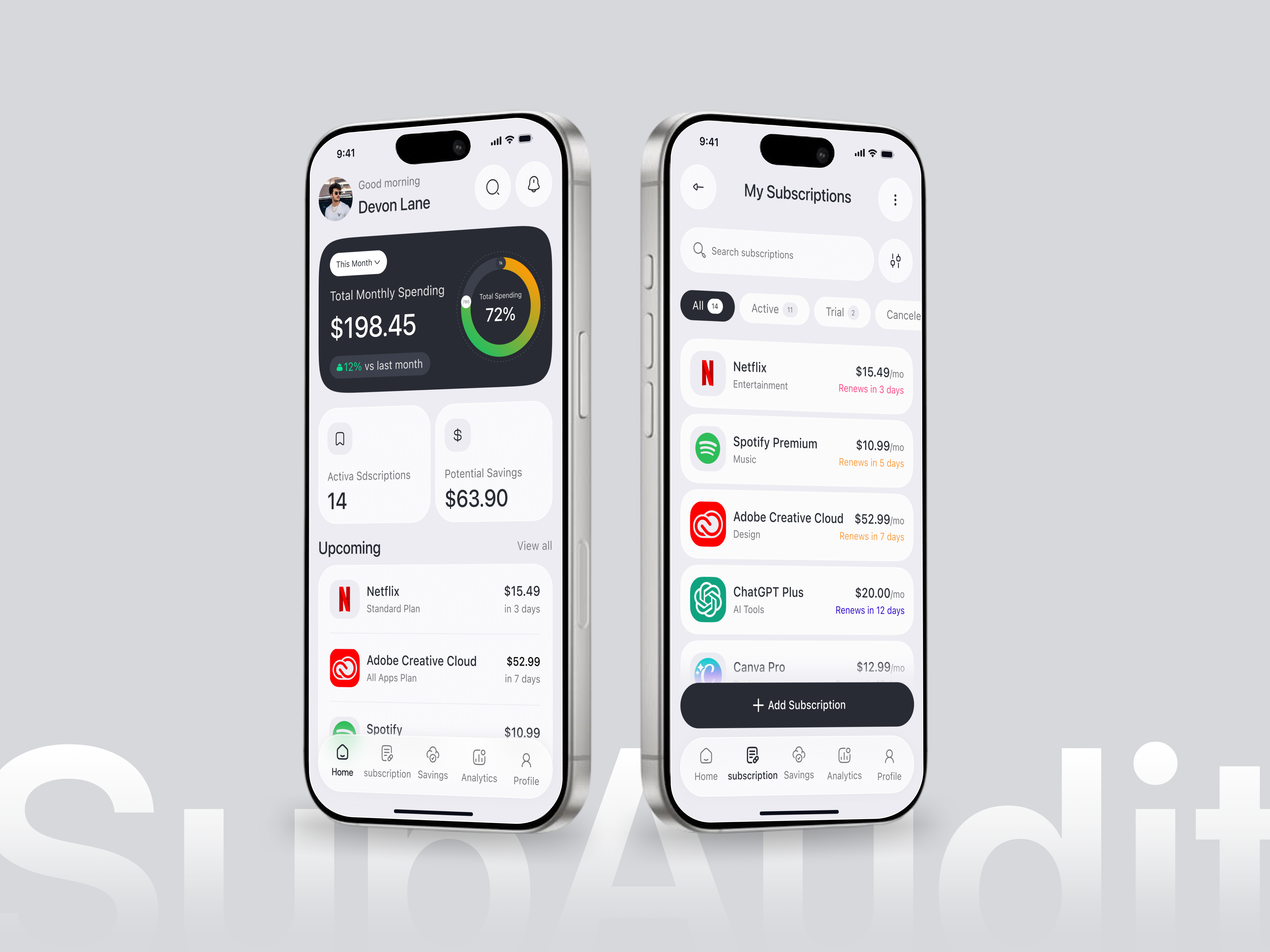 AI Subscription Audit & Spending Analytics App account management ai finance app design app redesign billing app budget app finance app mobile app money management payment management recurring payments renewal reminder saas app savings tracker subscription subscription app subscription management app subscription tracking