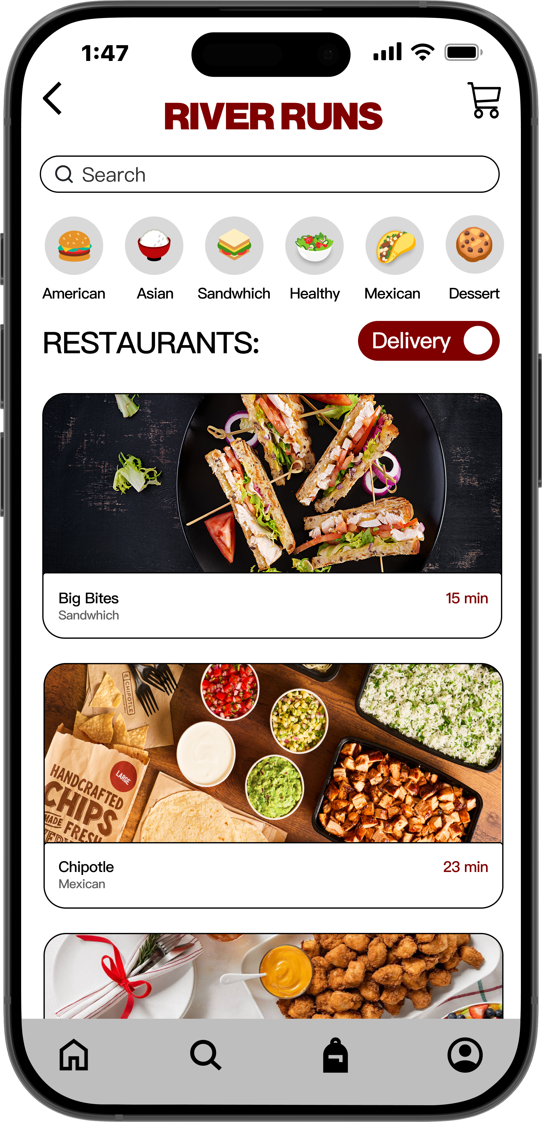 River Runs - Food Delivery App Design app design branding figma graphic design interactive design joe casarez ui user flow