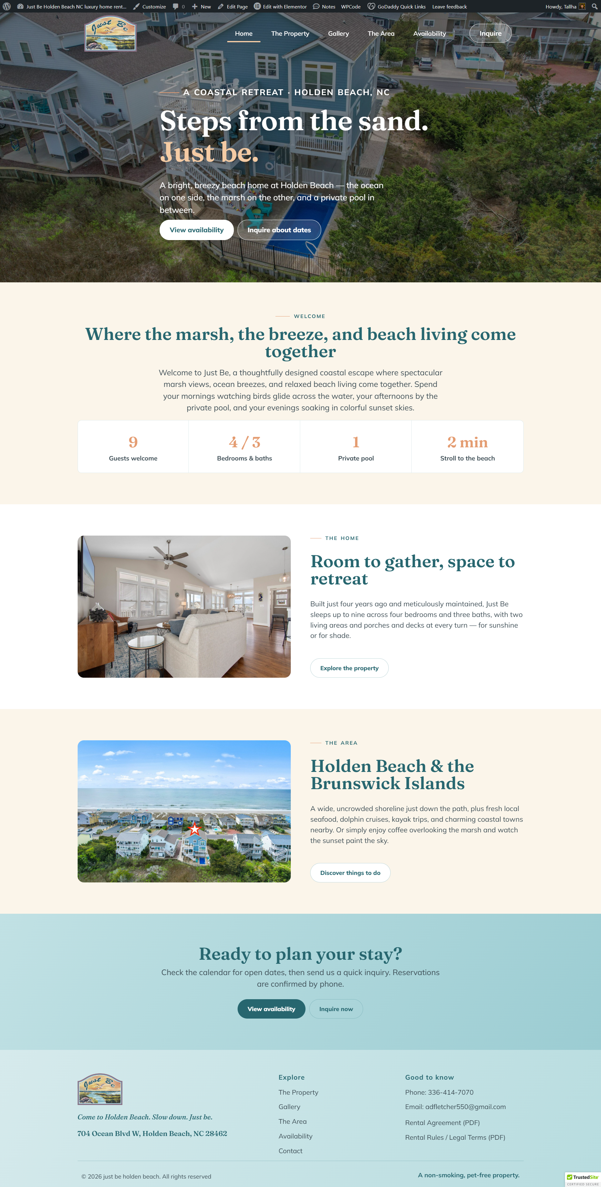 Vacation Rental Website — Just Be Holden Beach case study freelancing godaddy managed wordpress google calendar embed holden beach hospitality real estate small business website travel tourism vacation rental website webdesign webdevelopment wordpress wordpress development