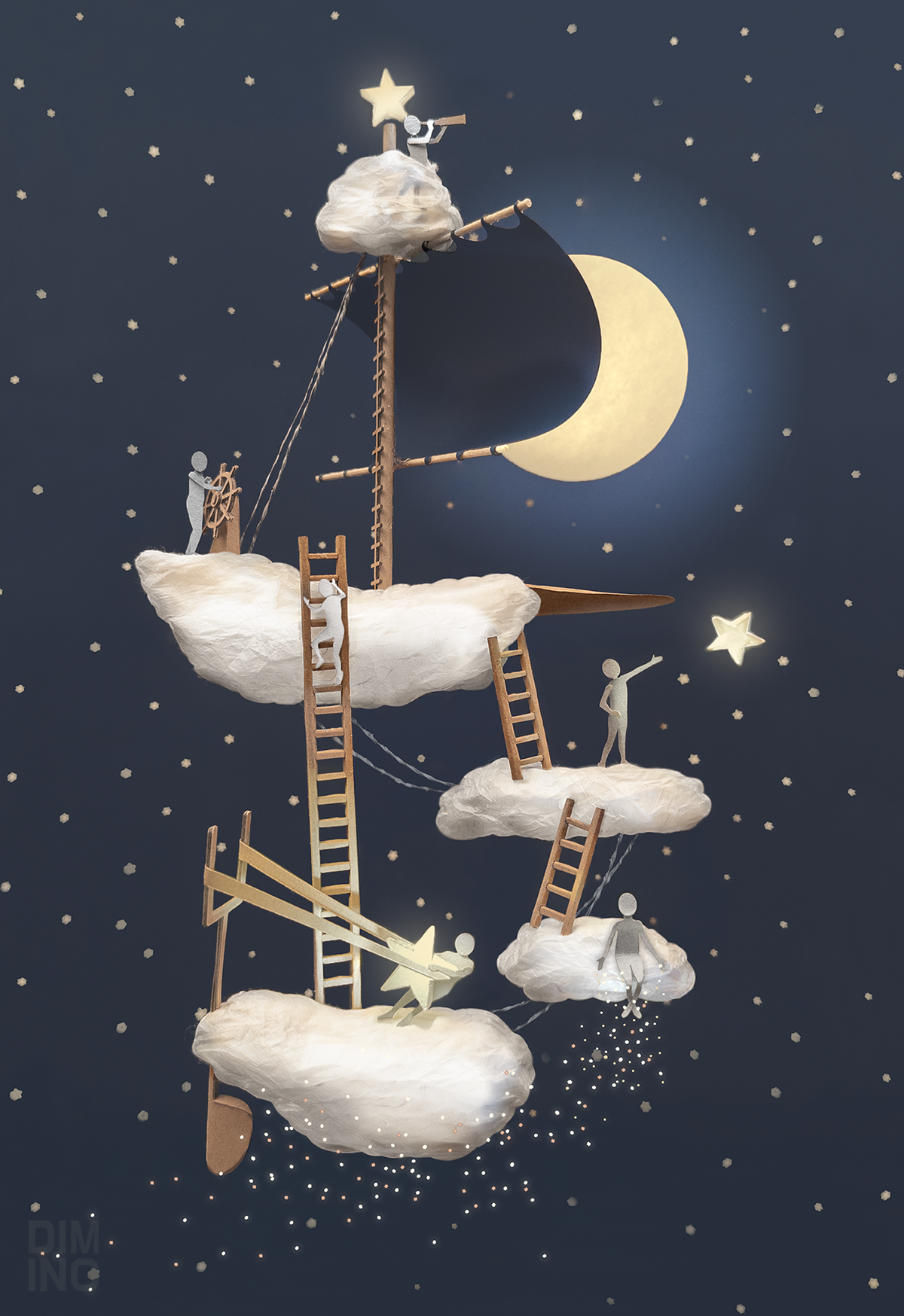 Star Sailors 3d paper art baby childrens illustration chris dimino crescent moon explorers hand made illustration kids laser cut moon night sky nursery nursery art paper art sailors stardust stars wonder