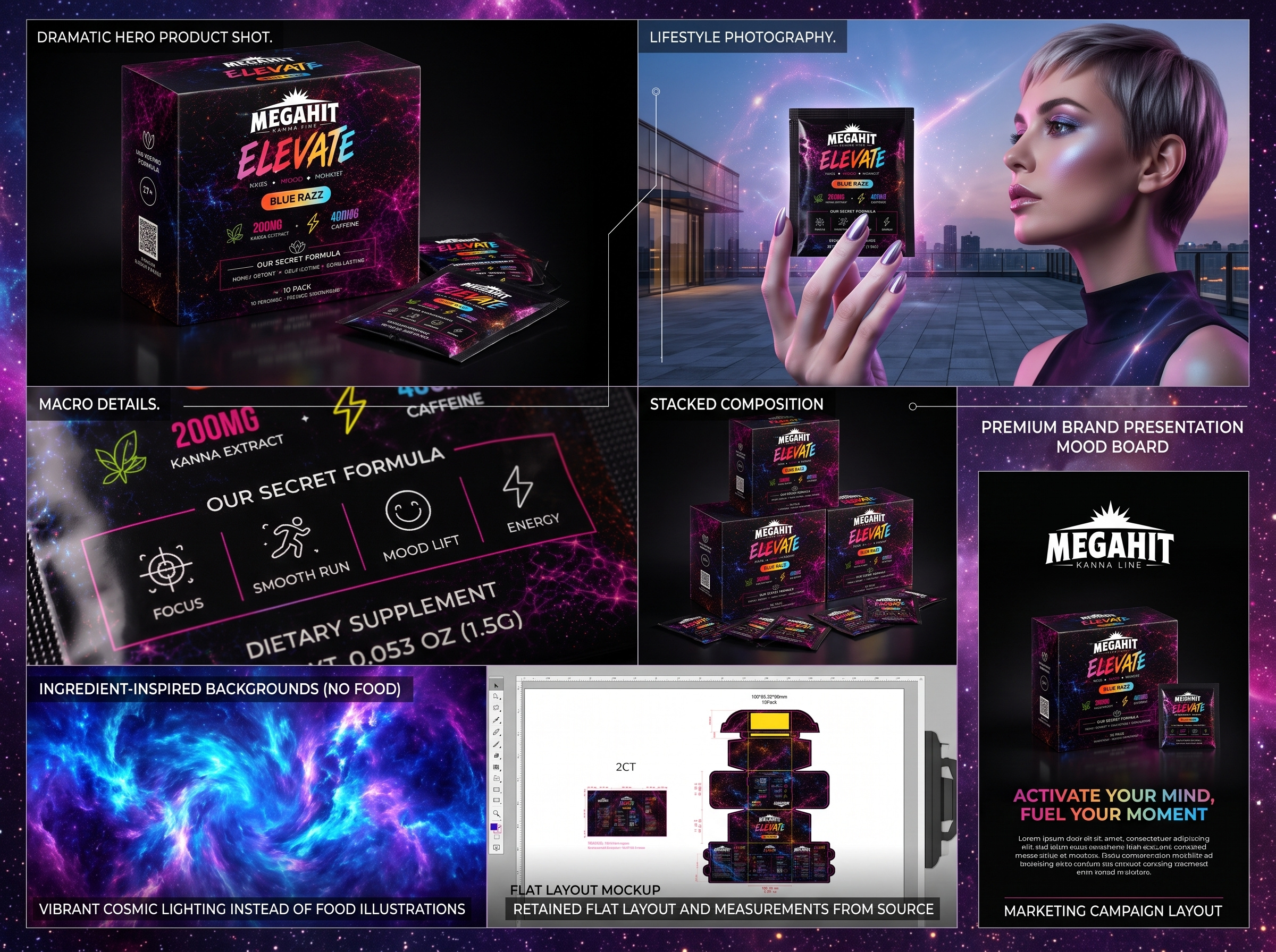Premium Supplement Packaging Design – MEGAHIT ELEVATE 3d amazon blender box design brand identity branding illustrator label design mockup packaging packaging design photoshop pouch pouch design product design product mockup retail packaging supplement supplement packaging wellness