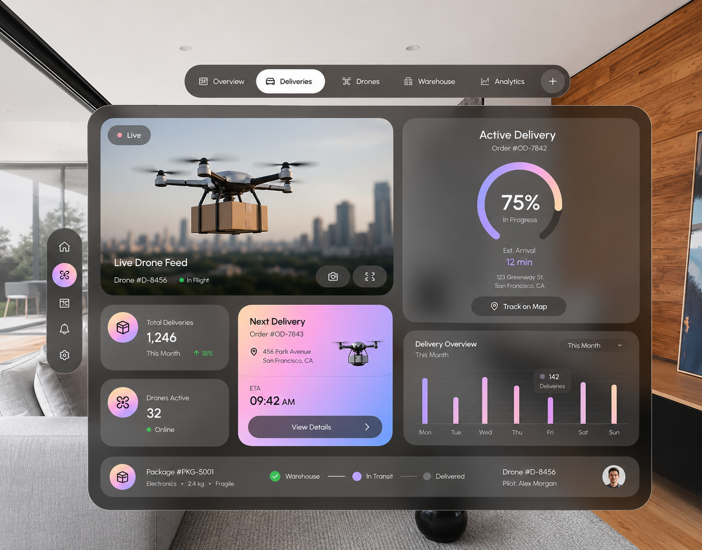 Drone Delivery - last-mile delivery ai development designoweb technologies drone delivery future logistics glass morphism iot development live feed logistics modern ui realtimetracking saas smart logistics software trending ui uav ui ux warehouse automation