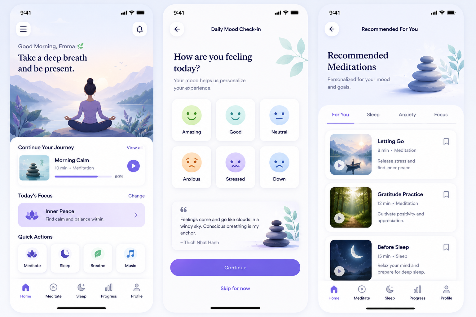 Mindful Meditation Mobile App UI/UX Design appdesign cleanui dailyui designinspiration figma glassmorphism healthapp iosapp meditation mindfulness minimal mobileapp mobileui productdesign ui uidesign uiux ux uxdesign wellness