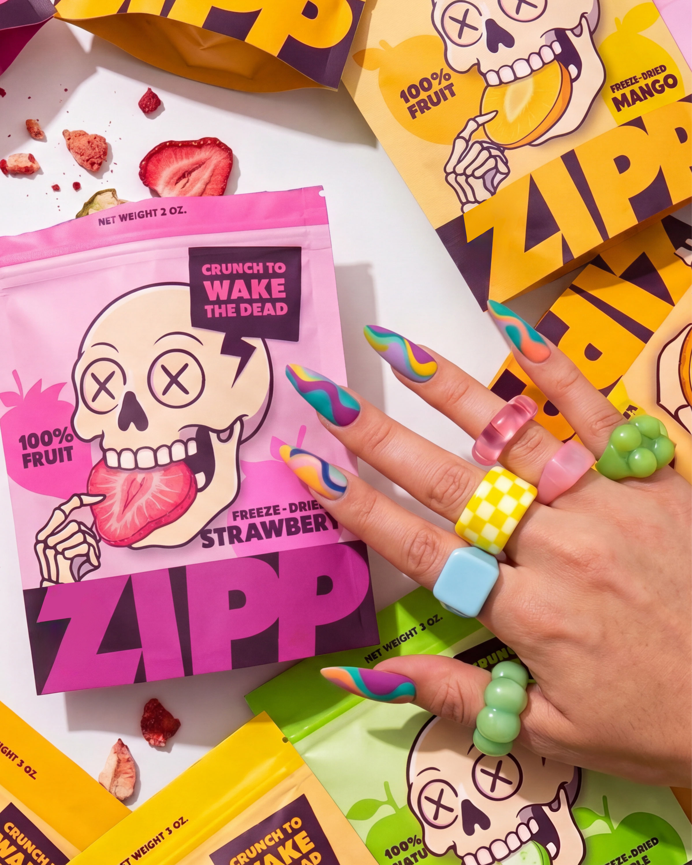 Crunch to wake the dead 💀 bold branding design graphic design illustration label label design line art logo loud minimal packaging snack snack brand typography vector