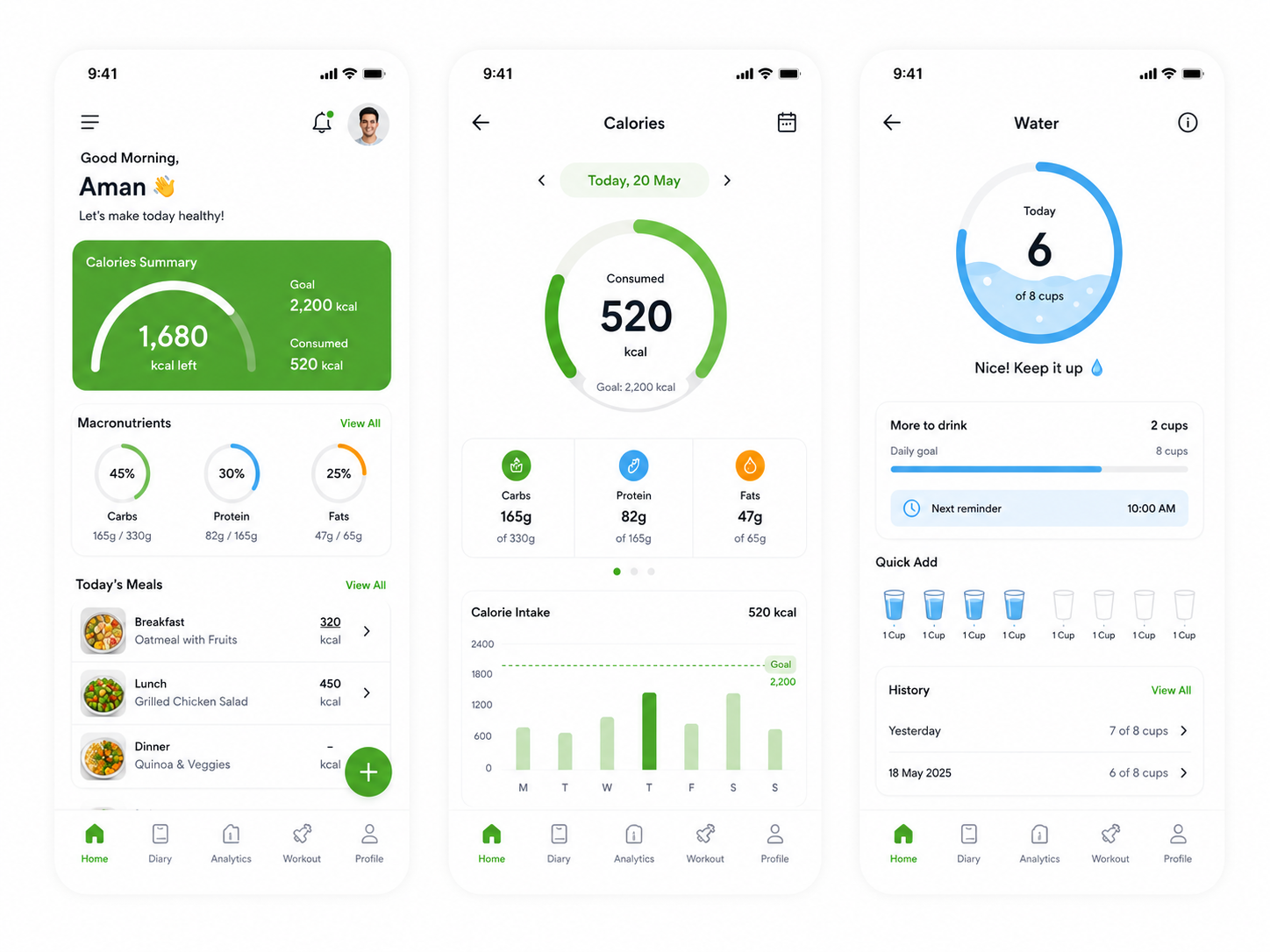 Nutrition Tracker Mobile App UI/UX Design appdesign cleanui dashboard designsystem dribbble figma fitnessapp healthapp healthtracker interactiondesign iosapp minimal mobileapp mobileui nutrition productdesign uidesign userinterface uxdesign wellness