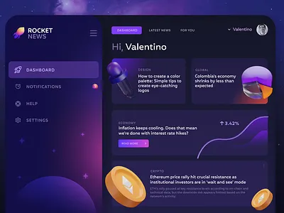 Rocket News Dashboard 3d icons app dashboard figma moon news ohvalentino prototype rocket sidebar ui