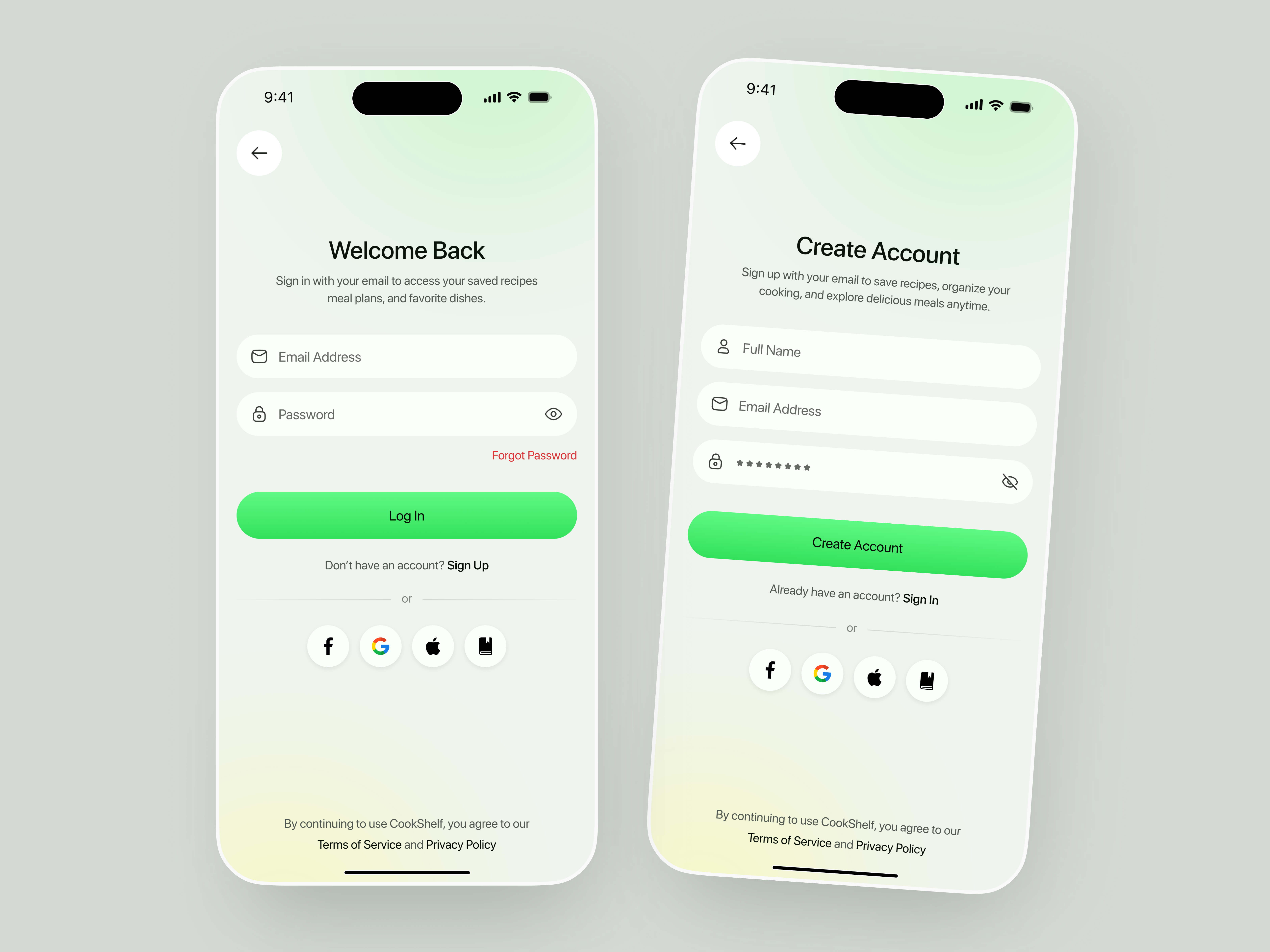 Food Recipe Mobile App Login & Signup UI Design app app design cooking app food app food recipe app interface login ui mobile app mobile ui onboarding product recipe app service startup ui ui design ux web