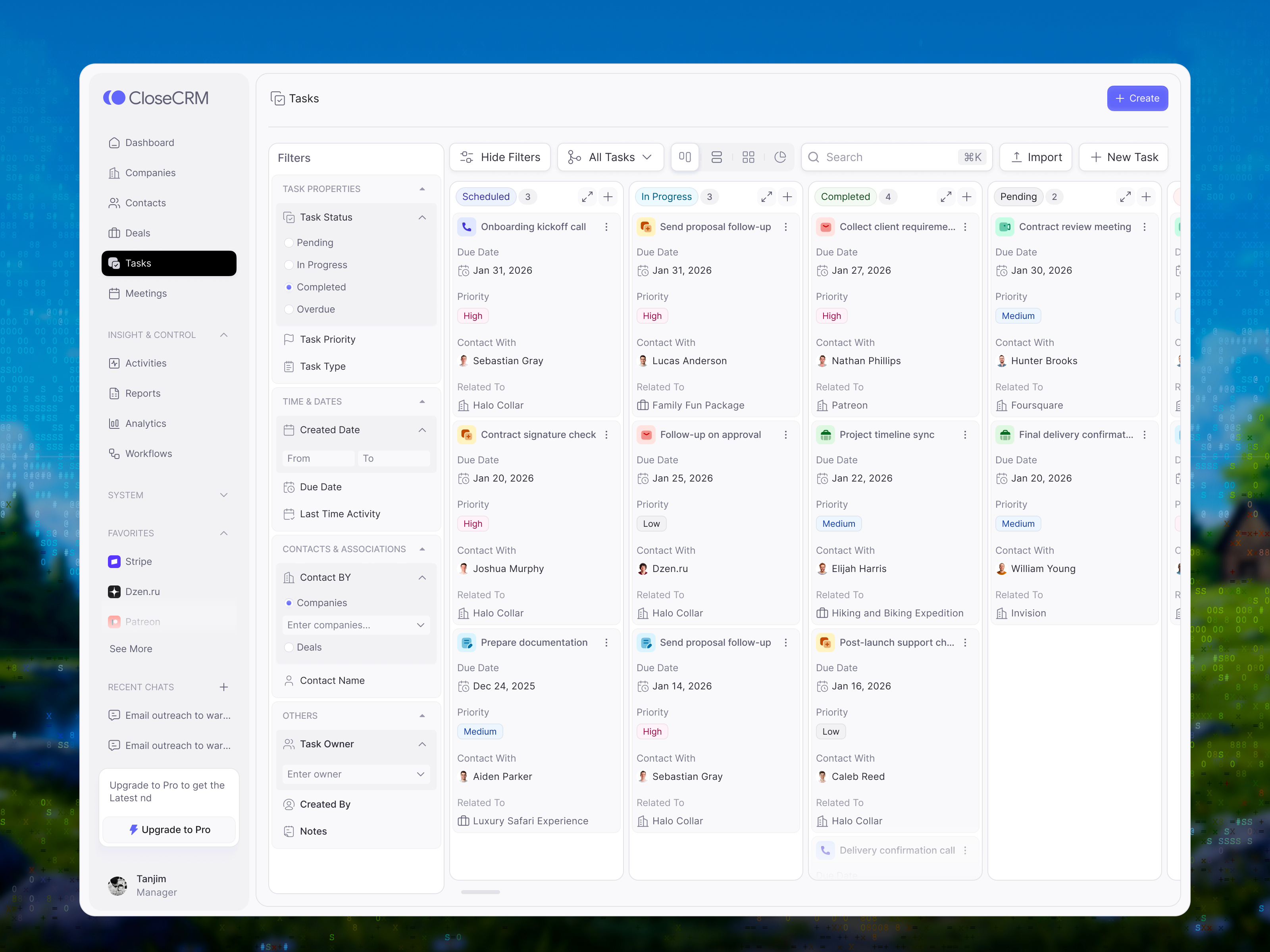 CloseCRM — Task management & detail view UI design analytics reporting dashboard animation b2b platform ux design b2b saas product design complete product design figma crm dashboard design dashboard ui ux design data heavy interface design enterprise software ux figma designer complex dashboard saas dashboard design saas onboarding ui design ui workflow automation dashboard