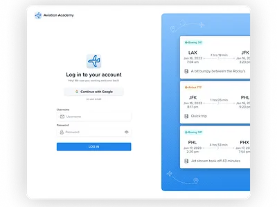 Aviation Academy Log in adventure app cards dashboard design icons log in sign in ui ui design