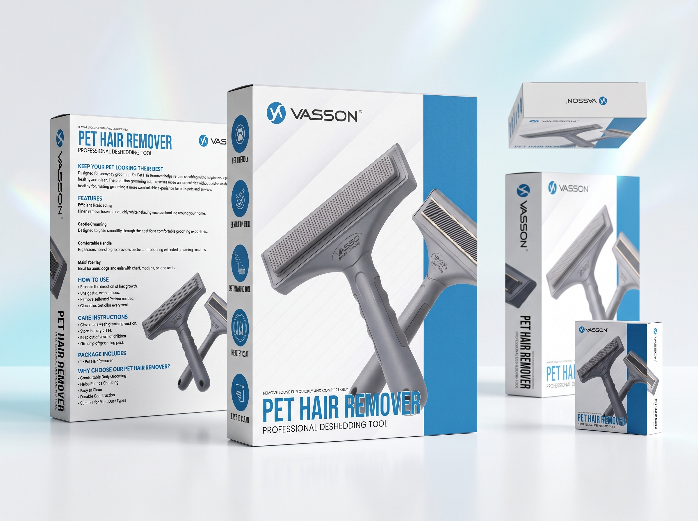 Amazon Packaging Design For VASSON Pet Hair Remover 3d packaging render branding design clean packaging design commercial packaging consumer packaging grooming tool packaging marketing design modern packaging packaging mockup pet hair remover premium box design product branding professional packaging design retail product design visual identity